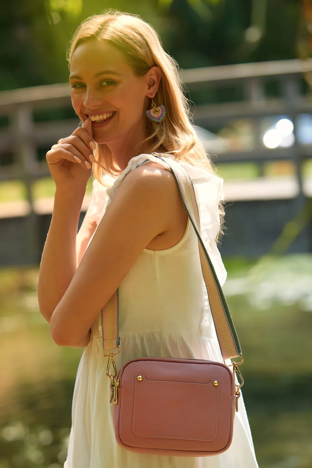 Sienna Crossbody Bag in Antique Pink with Pastel Strap
