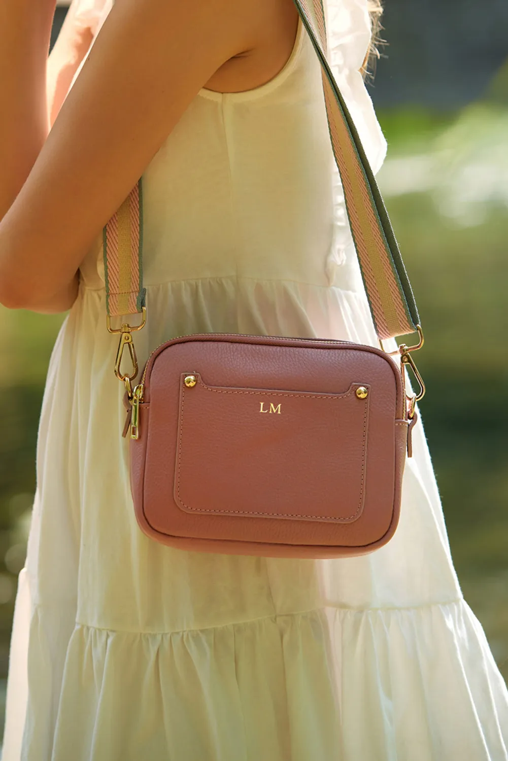 Sienna Crossbody Bag in Antique Pink with Pastel Strap