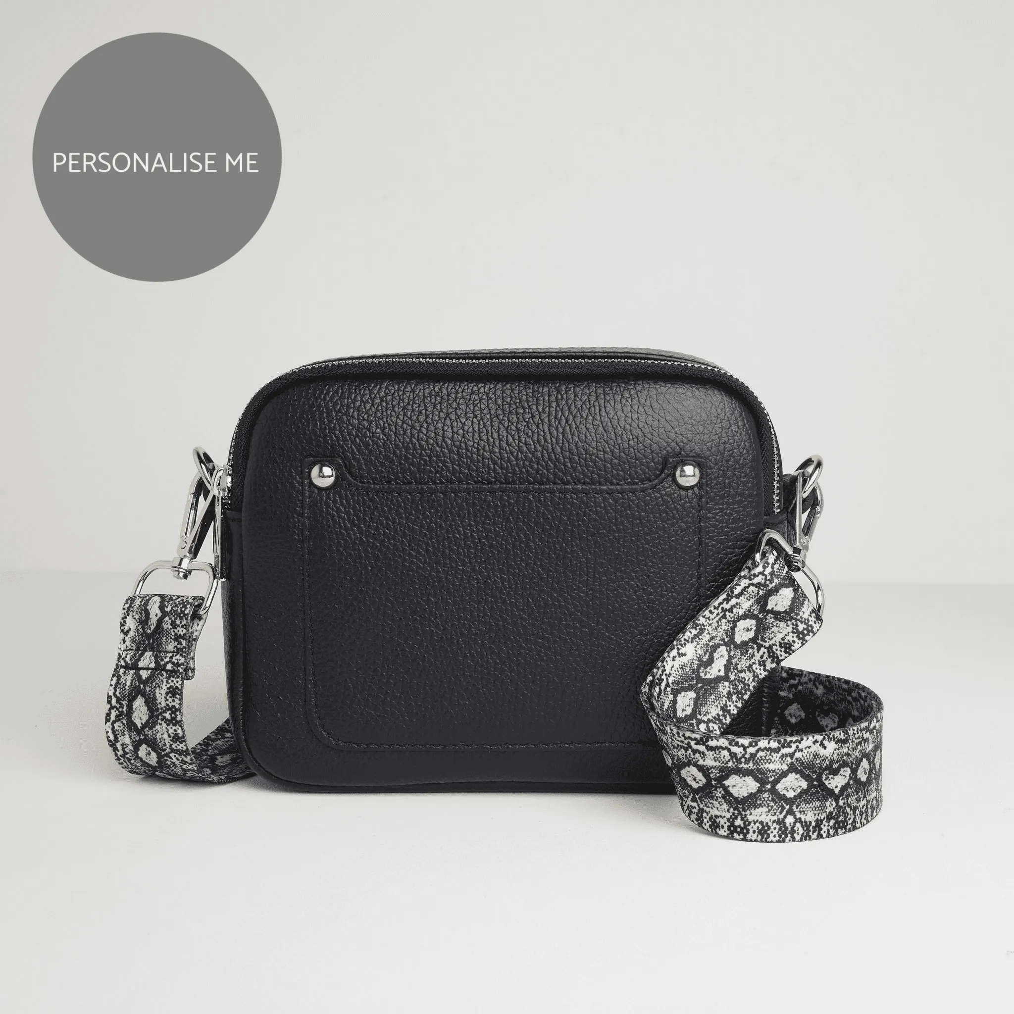 Sienna Crossbody Bag in Black with Snake Print Strap