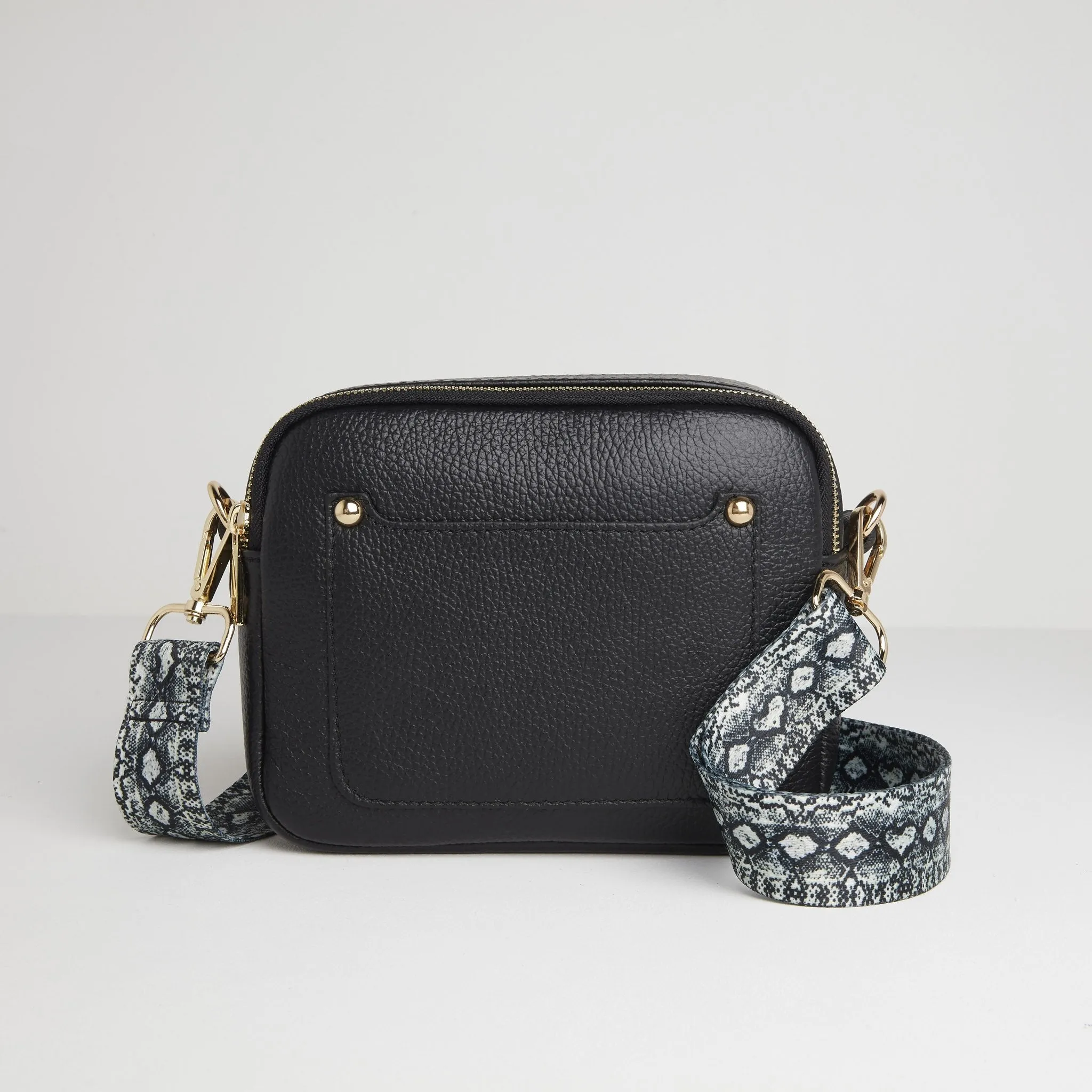 Sienna Crossbody Bag in Black with Snake Print Strap