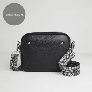 Sienna Crossbody Bag in Black with Snake Print Strap