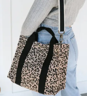 Sofie Quilted Canvas Crossbody Tote in Leopard with Bonus Strap
