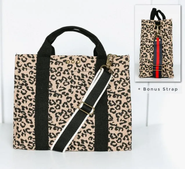 Sofie Quilted Canvas Crossbody Tote in Leopard with Bonus Strap