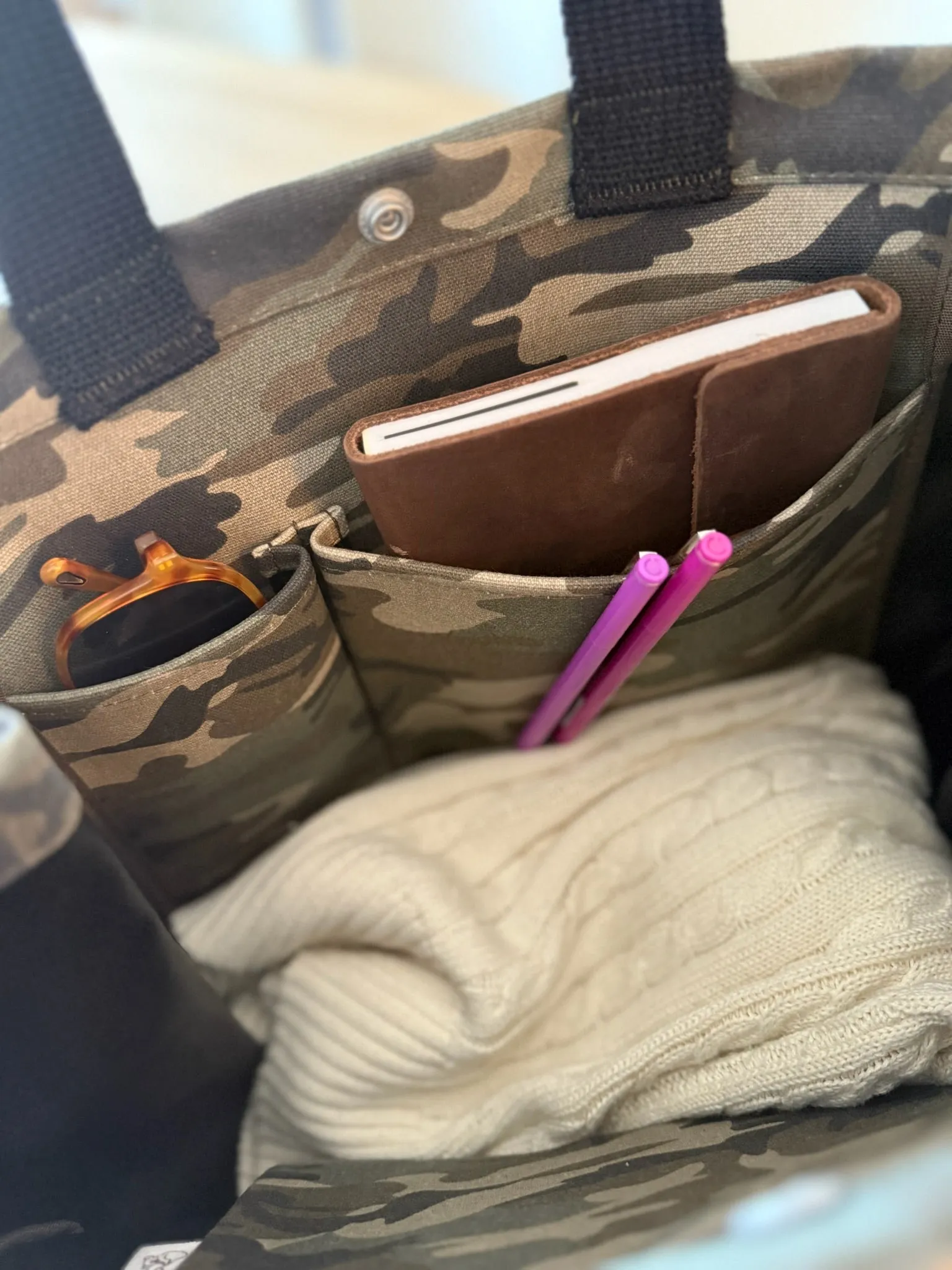Stephanie's Pick: Green Camo Luxe North South Bag   FREE Orange Tassel   FREE Gold Peace Charm   FREE Olive/Orange Stripe Strap