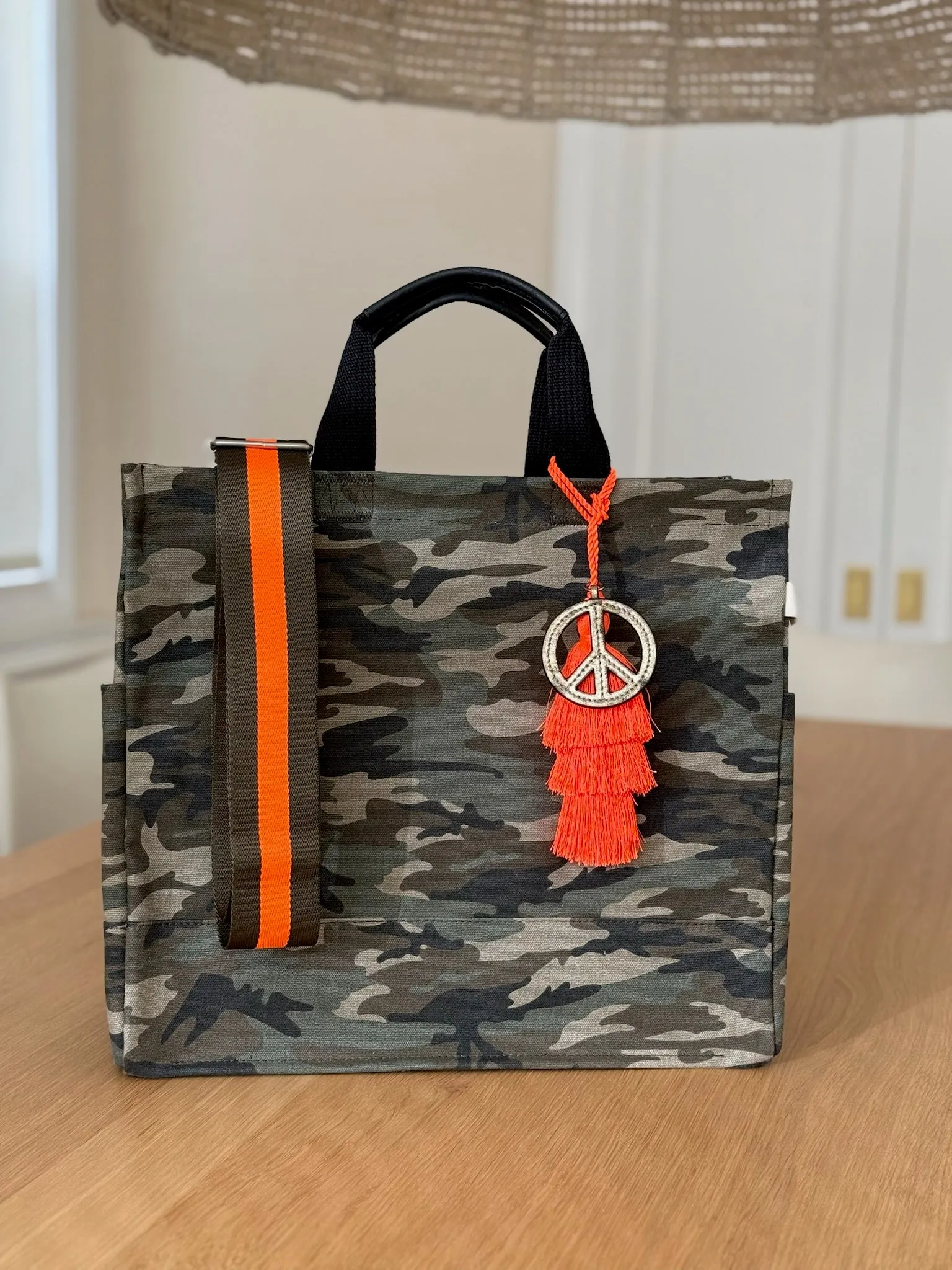 Stephanie's Pick: Green Camo Luxe North South Bag   FREE Orange Tassel   FREE Gold Peace Charm   FREE Olive/Orange Stripe Strap
