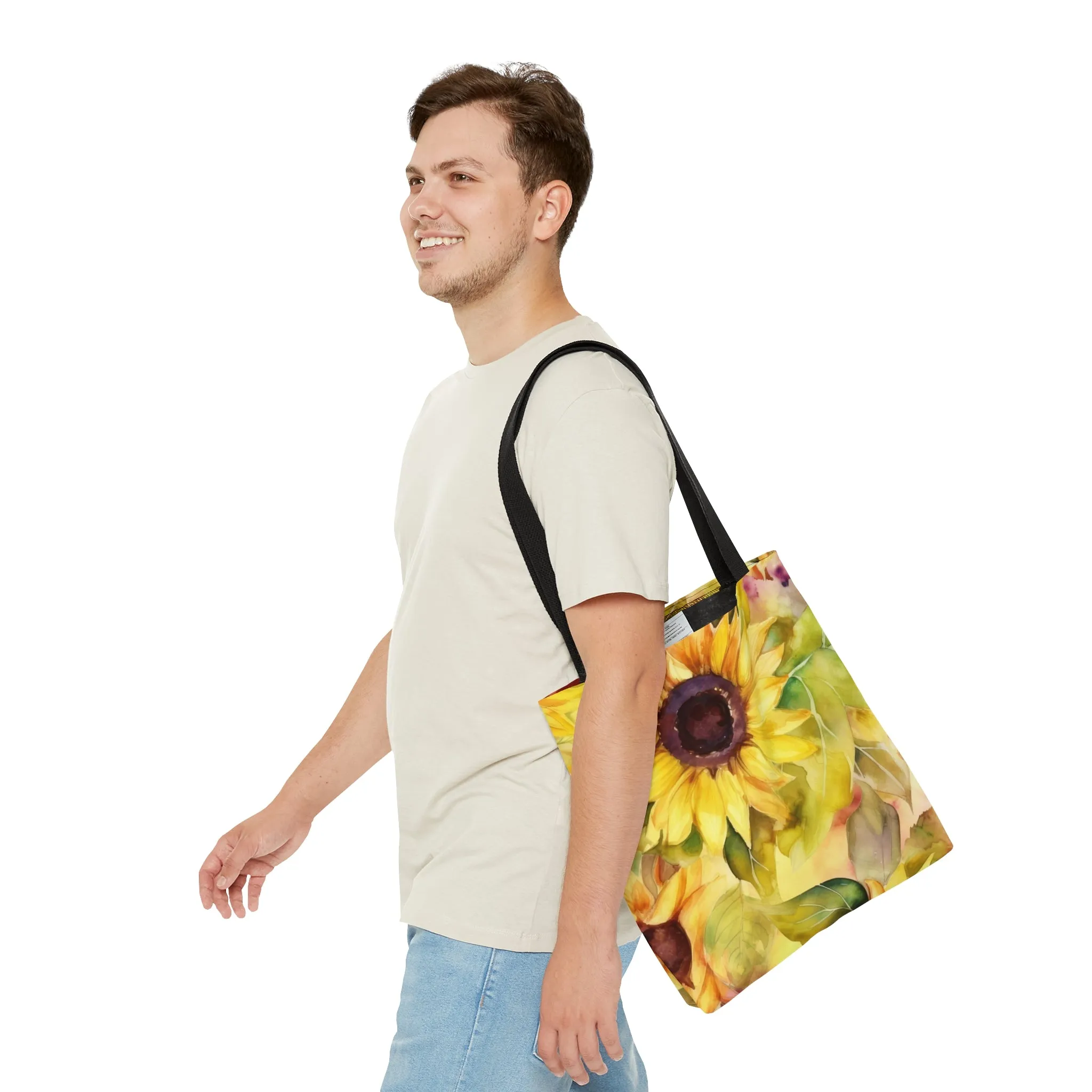 Summer Sunflowers Tote Bag, Polyester Canvas Tote Bag, Cute Yellow Flowers Shopping Bag, Reusable Tote