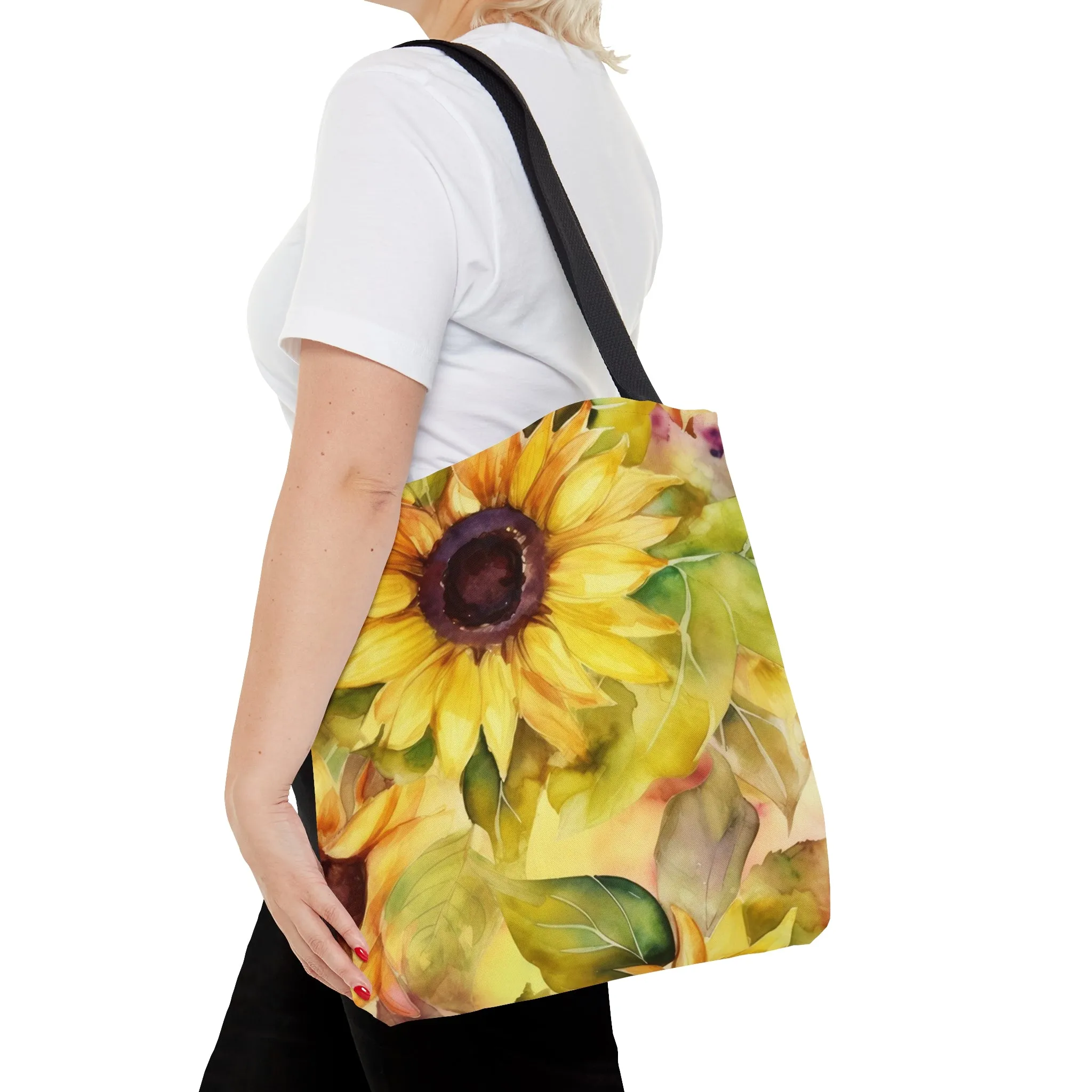Summer Sunflowers Tote Bag, Polyester Canvas Tote Bag, Cute Yellow Flowers Shopping Bag, Reusable Tote