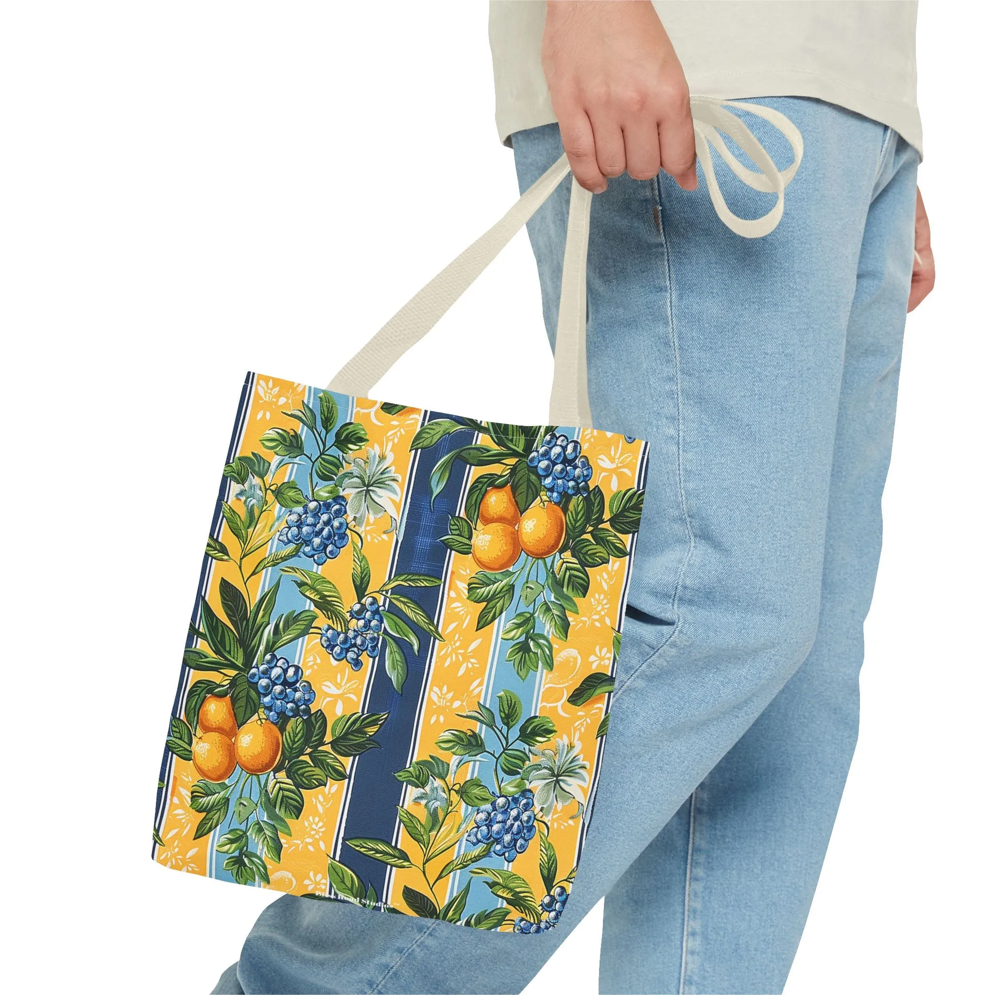 Sunny Orchard Stripes Tote Bag - Brighten Your Day with a Burst of Fruity Charm! Available in 3 sizes.