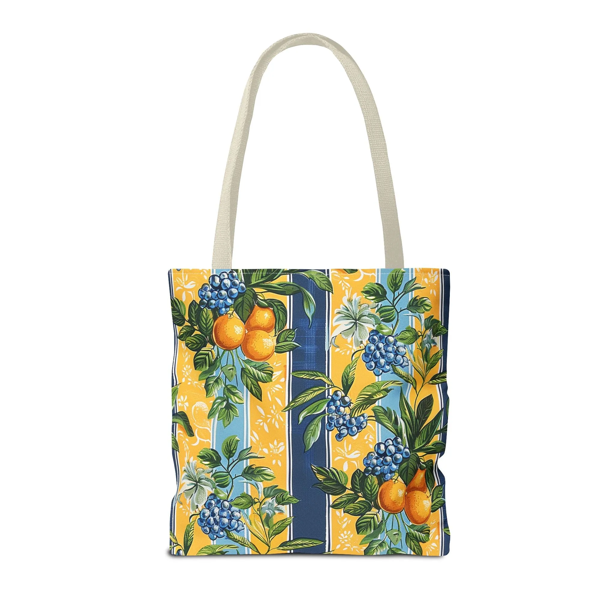 Sunny Orchard Stripes Tote Bag - Brighten Your Day with a Burst of Fruity Charm! Available in 3 sizes.