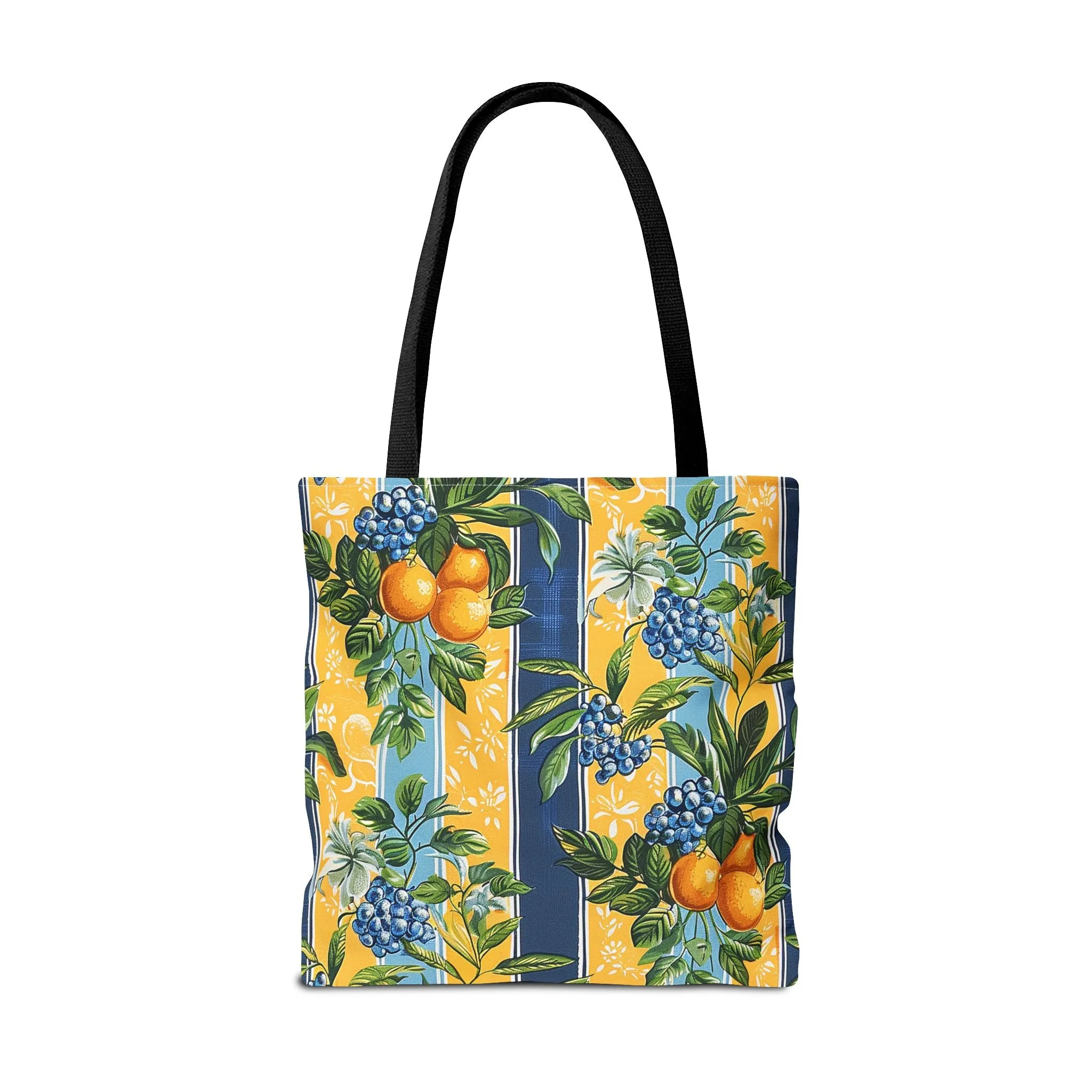 Sunny Orchard Stripes Tote Bag - Brighten Your Day with a Burst of Fruity Charm! Available in 3 sizes.