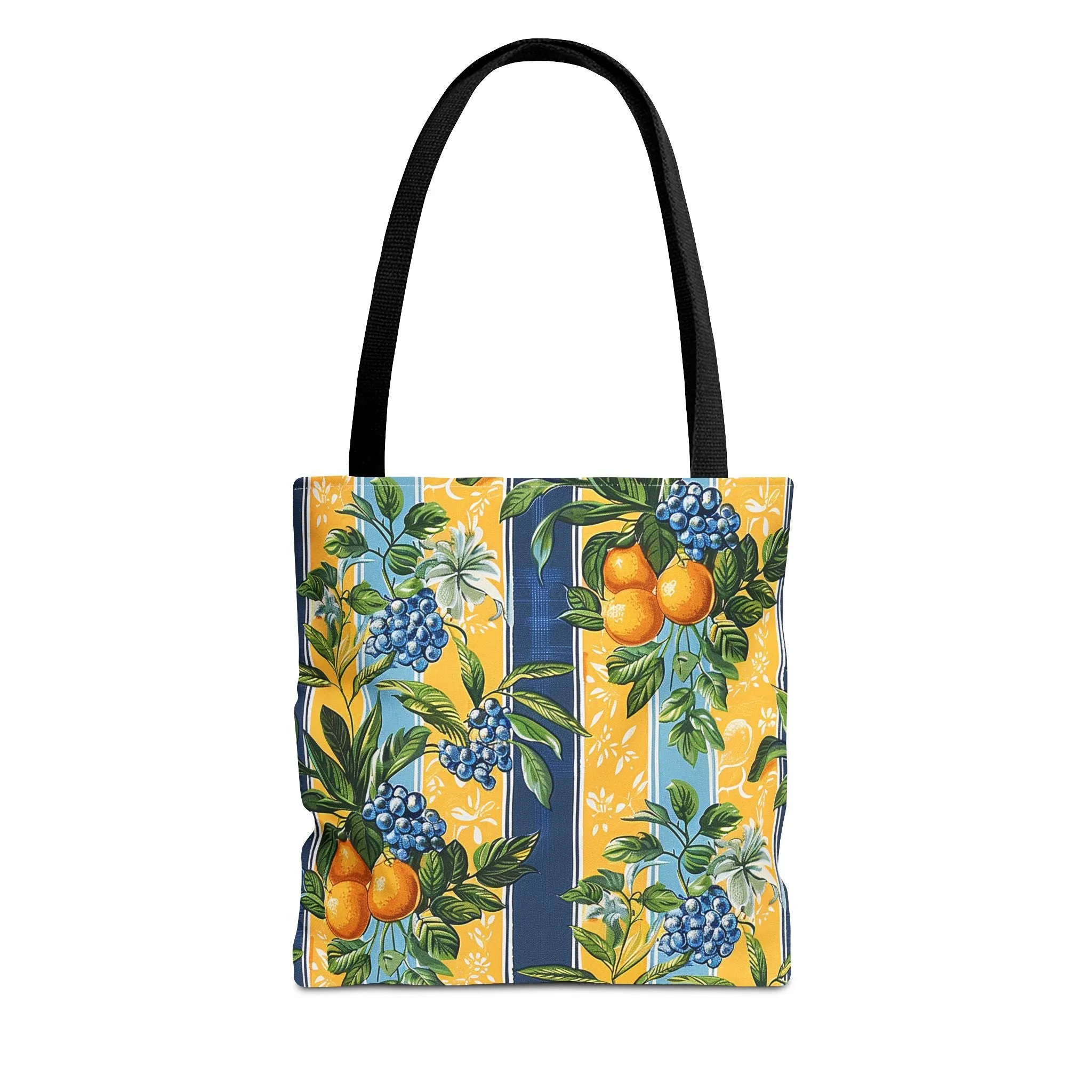 Sunny Orchard Stripes Tote Bag - Brighten Your Day with a Burst of Fruity Charm! Available in 3 sizes.
