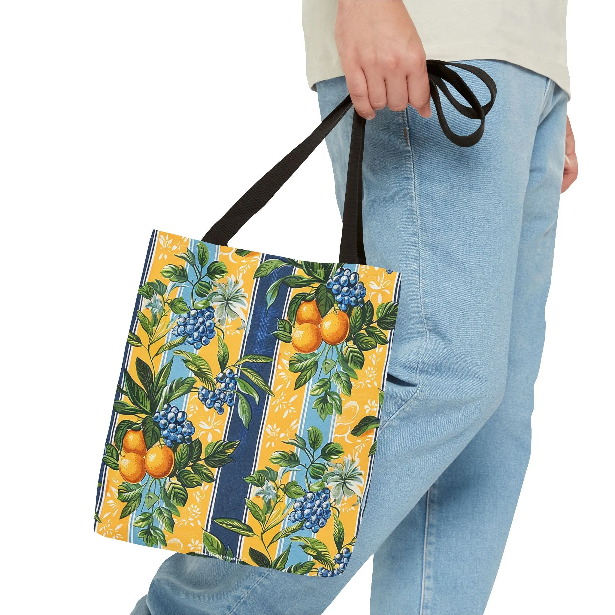 Sunny Orchard Stripes Tote Bag - Brighten Your Day with a Burst of Fruity Charm! Available in 3 sizes.
