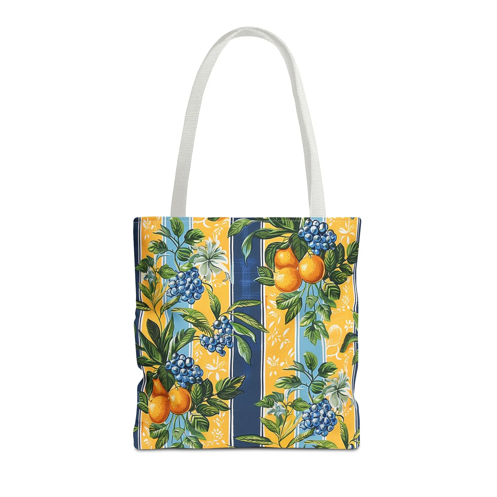Sunny Orchard Stripes Tote Bag - Brighten Your Day with a Burst of Fruity Charm! Available in 3 sizes.