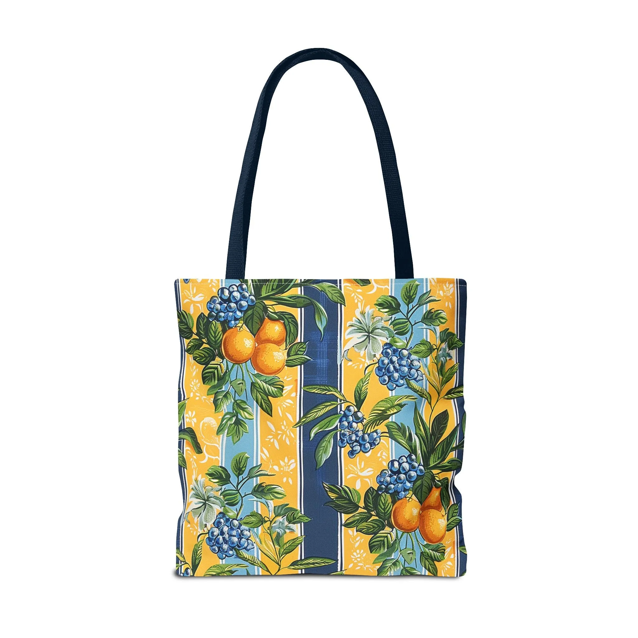 Sunny Orchard Stripes Tote Bag - Brighten Your Day with a Burst of Fruity Charm! Available in 3 sizes.