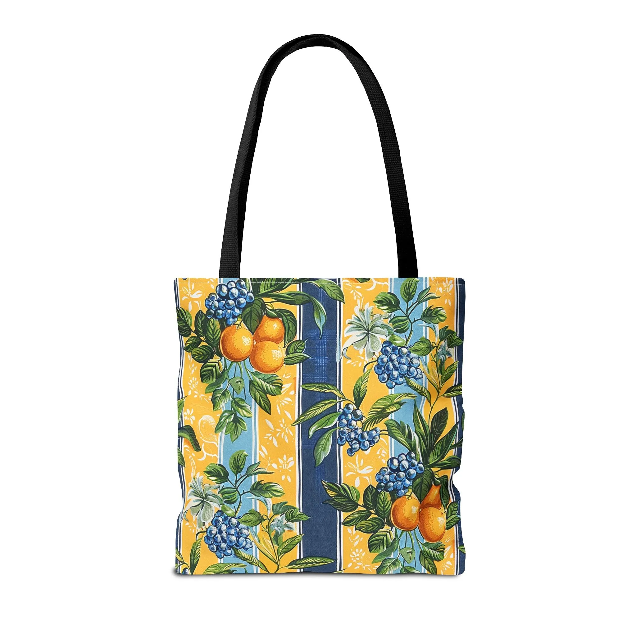 Sunny Orchard Stripes Tote Bag - Brighten Your Day with a Burst of Fruity Charm! Available in 3 sizes.