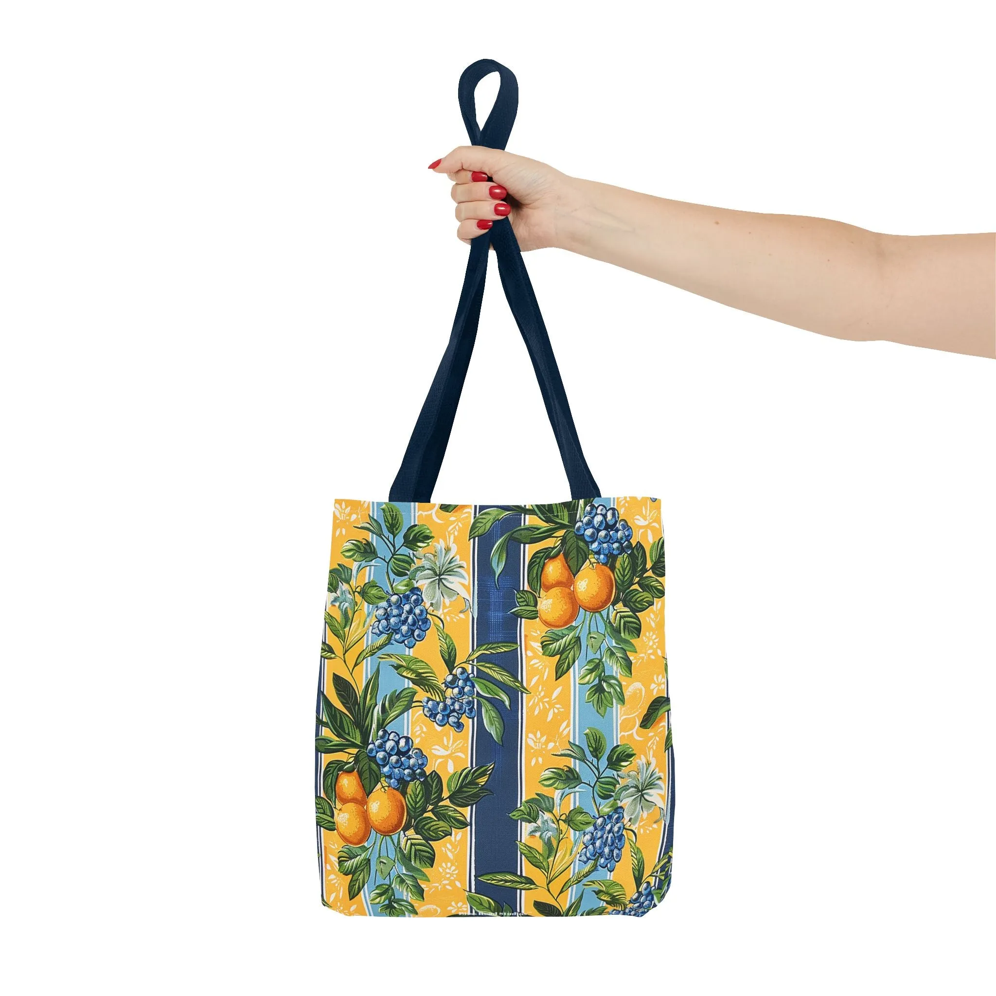 Sunny Orchard Stripes Tote Bag - Brighten Your Day with a Burst of Fruity Charm! Available in 3 sizes.