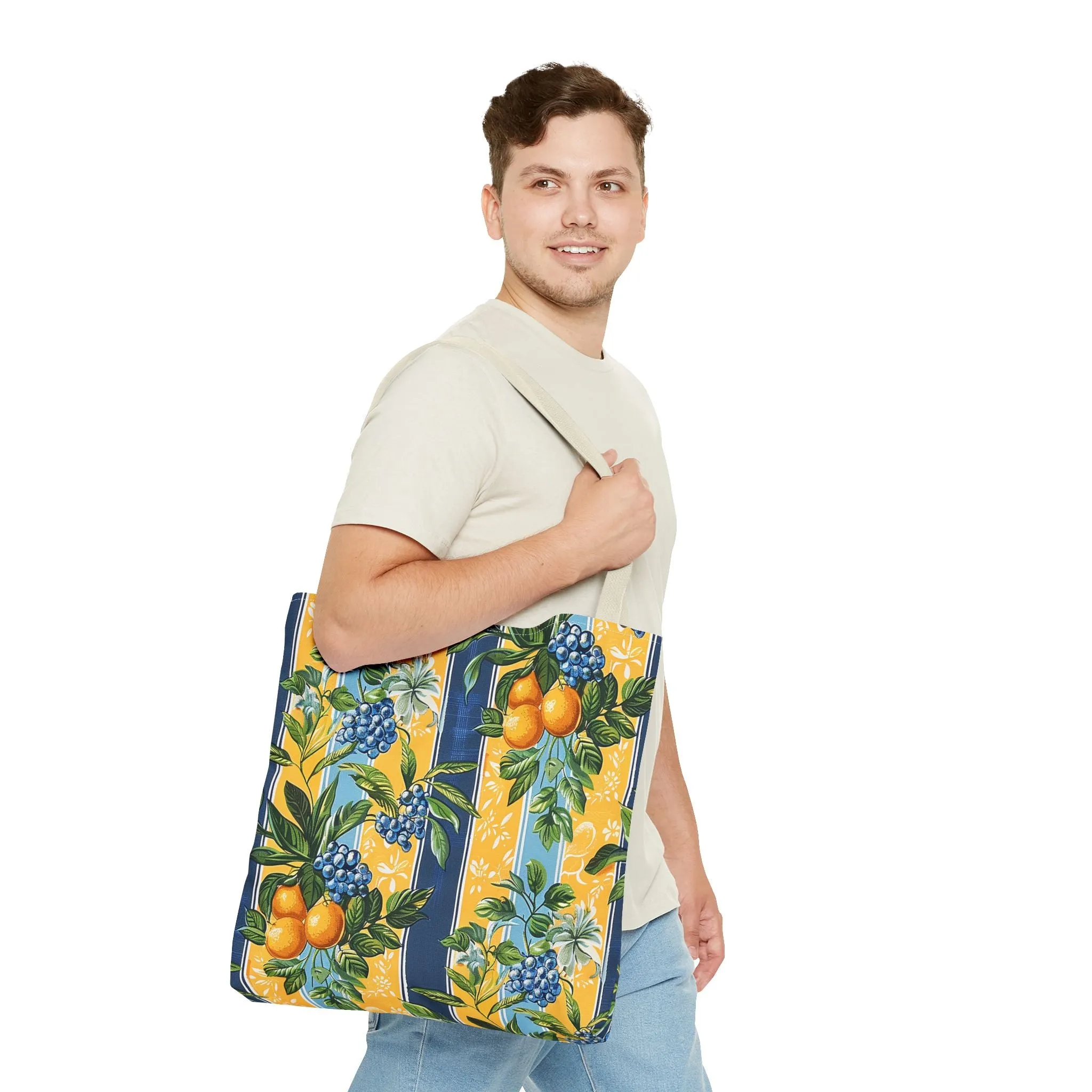 Sunny Orchard Stripes Tote Bag - Brighten Your Day with a Burst of Fruity Charm! Available in 3 sizes.