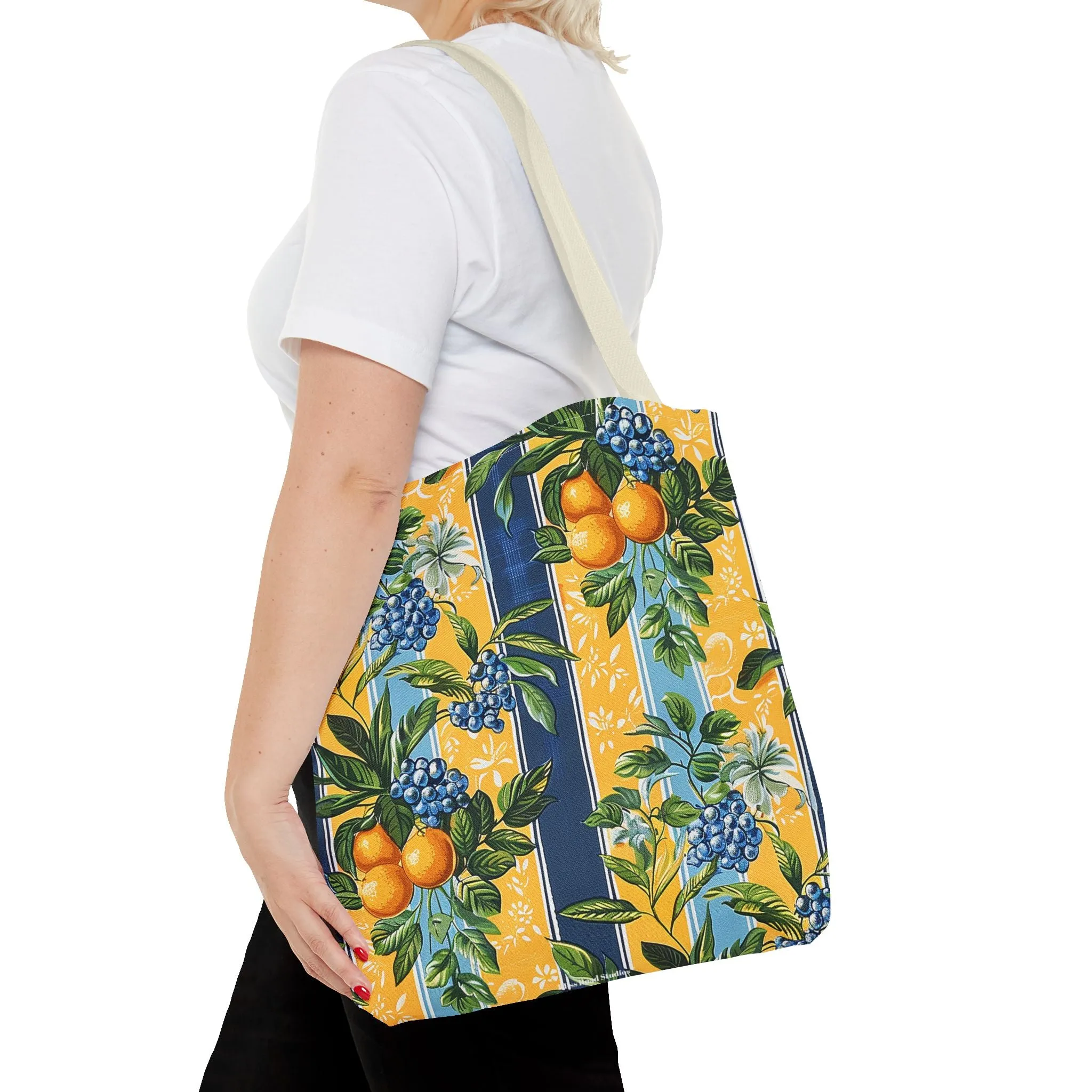 Sunny Orchard Stripes Tote Bag - Brighten Your Day with a Burst of Fruity Charm! Available in 3 sizes.