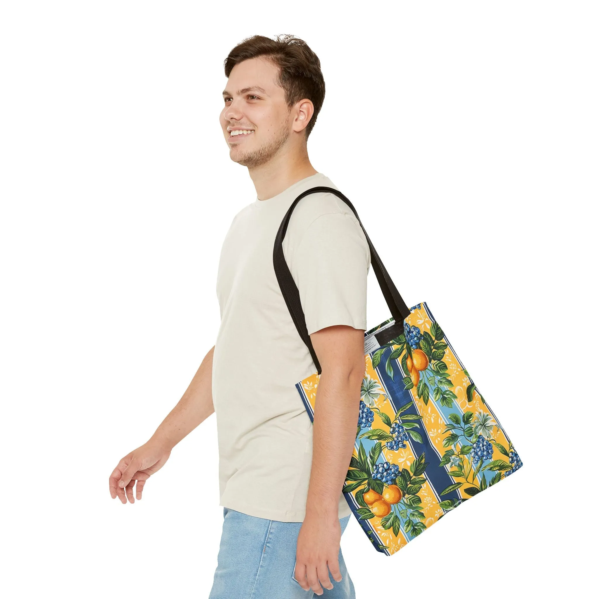 Sunny Orchard Stripes Tote Bag - Brighten Your Day with a Burst of Fruity Charm! Available in 3 sizes.