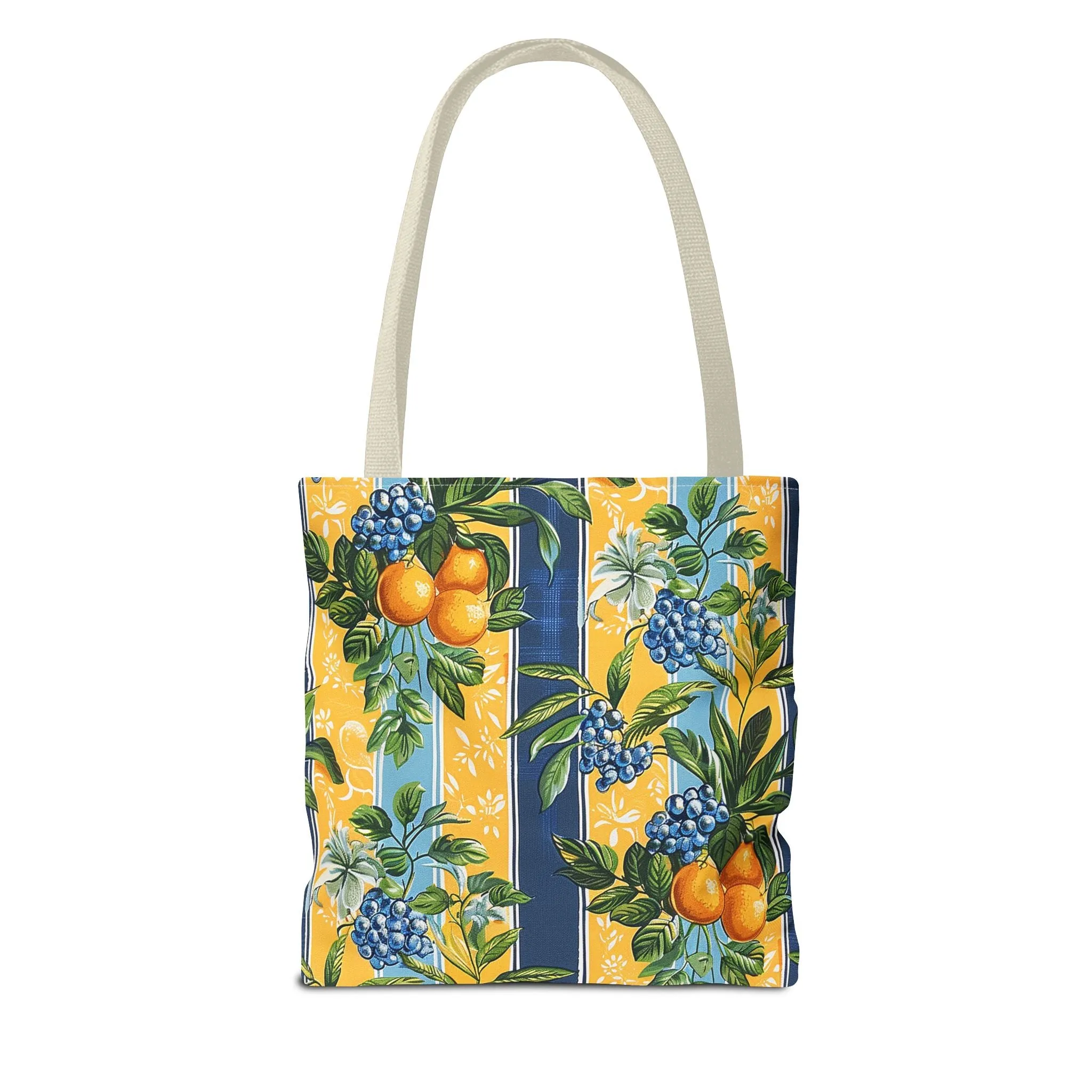 Sunny Orchard Stripes Tote Bag - Brighten Your Day with a Burst of Fruity Charm! Available in 3 sizes.