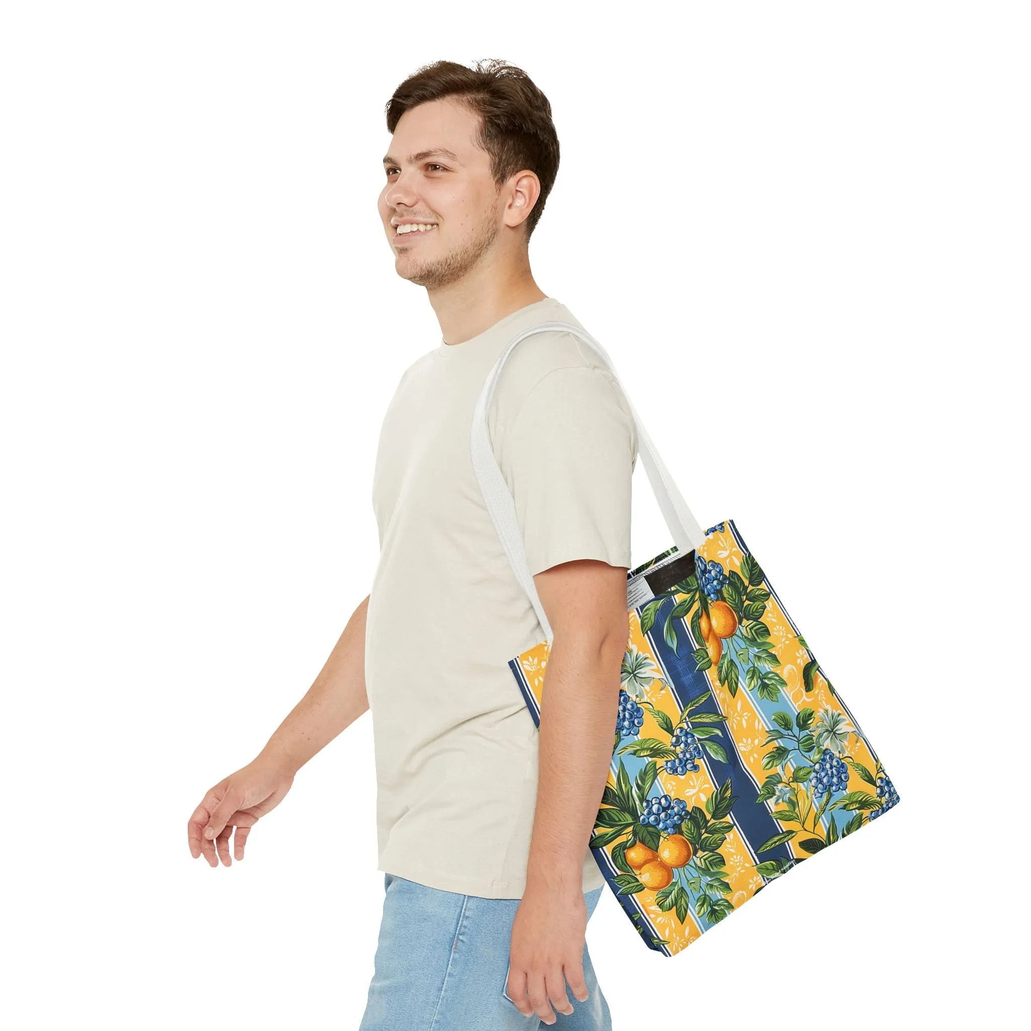 Sunny Orchard Stripes Tote Bag - Brighten Your Day with a Burst of Fruity Charm! Available in 3 sizes.