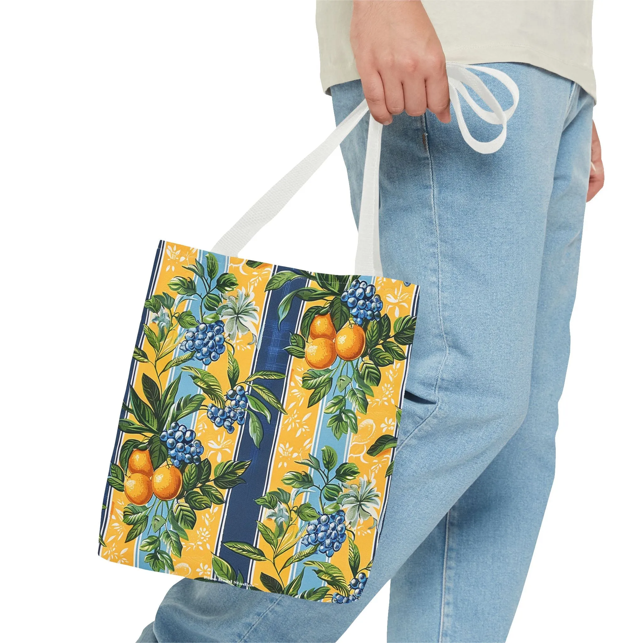 Sunny Orchard Stripes Tote Bag - Brighten Your Day with a Burst of Fruity Charm! Available in 3 sizes.