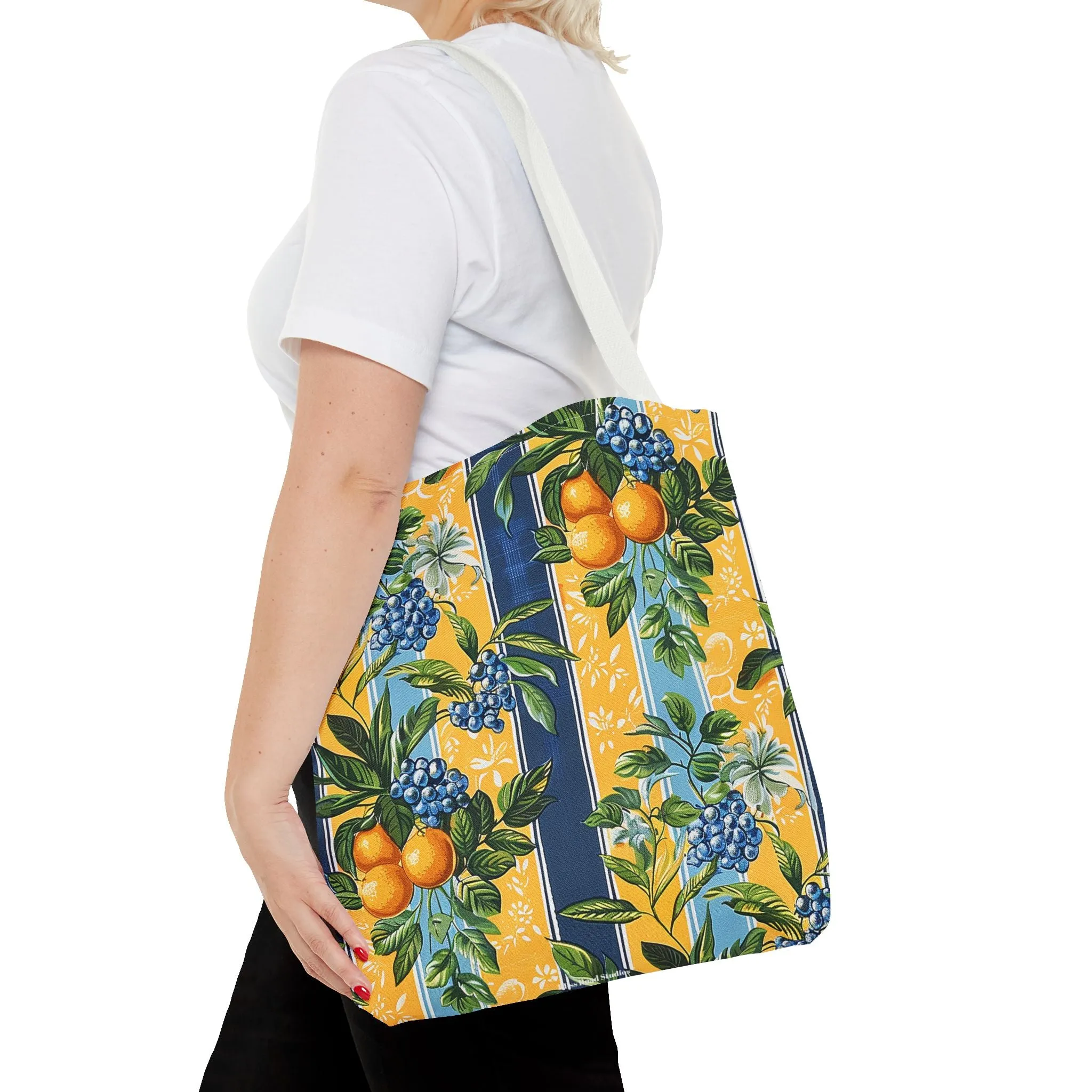 Sunny Orchard Stripes Tote Bag - Brighten Your Day with a Burst of Fruity Charm! Available in 3 sizes.