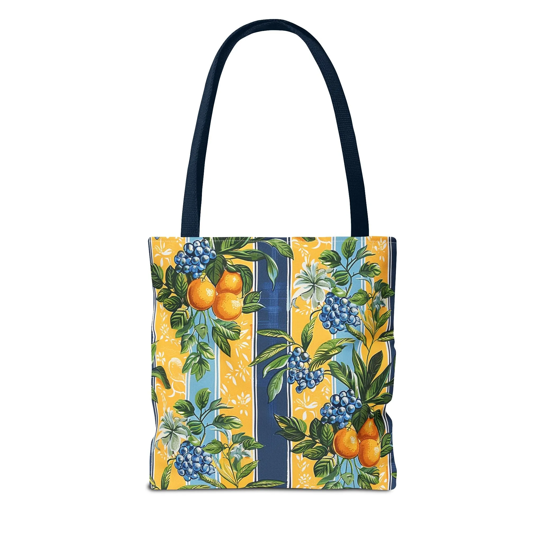 Sunny Orchard Stripes Tote Bag - Brighten Your Day with a Burst of Fruity Charm! Available in 3 sizes.