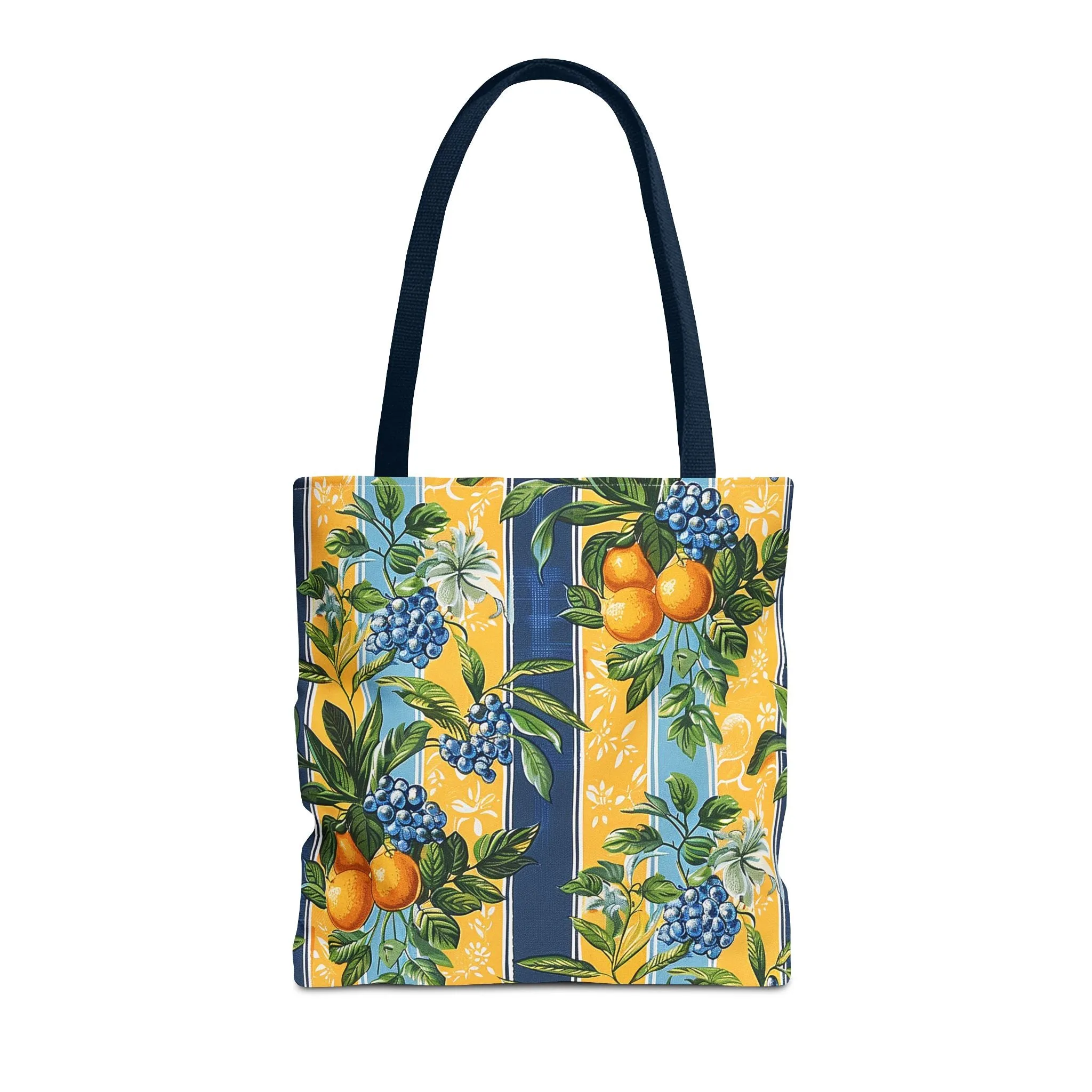 Sunny Orchard Stripes Tote Bag - Brighten Your Day with a Burst of Fruity Charm! Available in 3 sizes.
