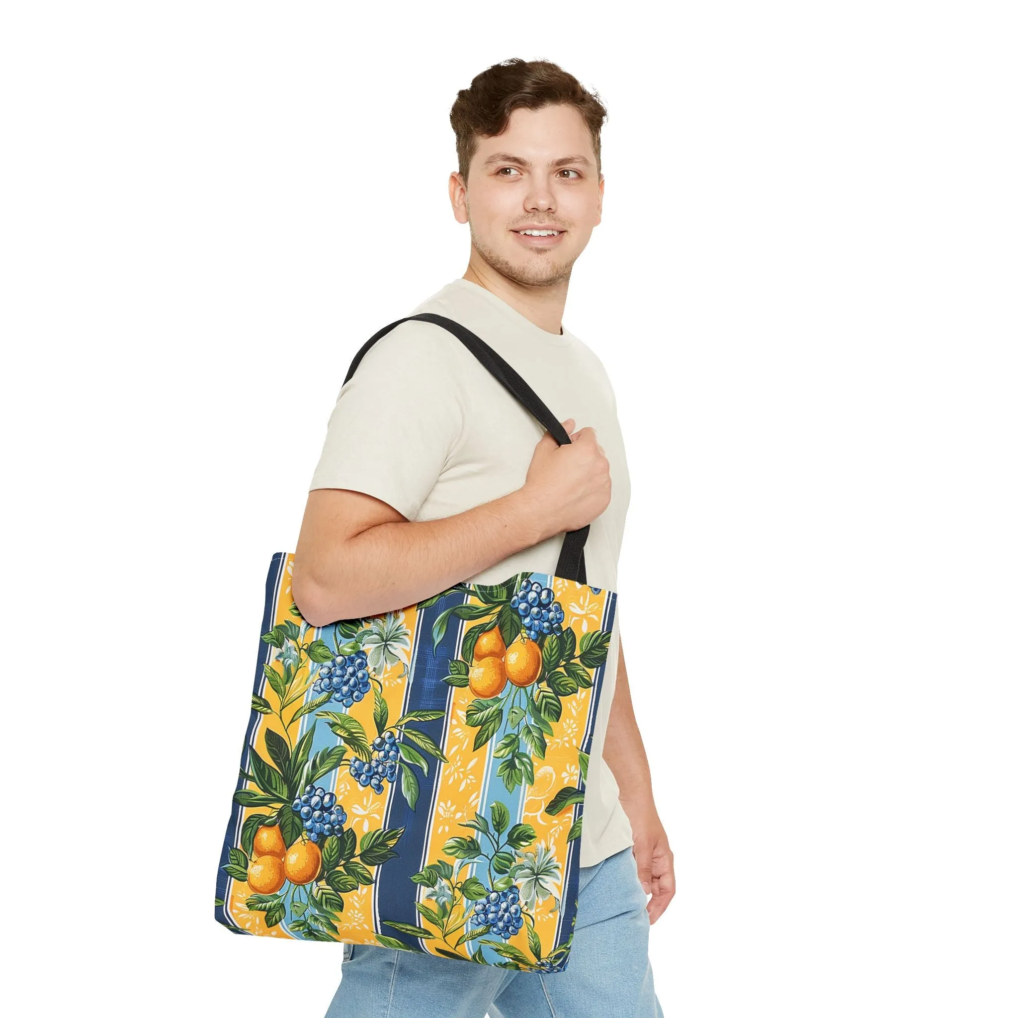 Sunny Orchard Stripes Tote Bag - Brighten Your Day with a Burst of Fruity Charm! Available in 3 sizes.