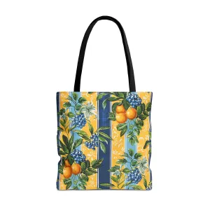 Sunny Orchard Stripes Tote Bag - Brighten Your Day with a Burst of Fruity Charm! Available in 3 sizes.