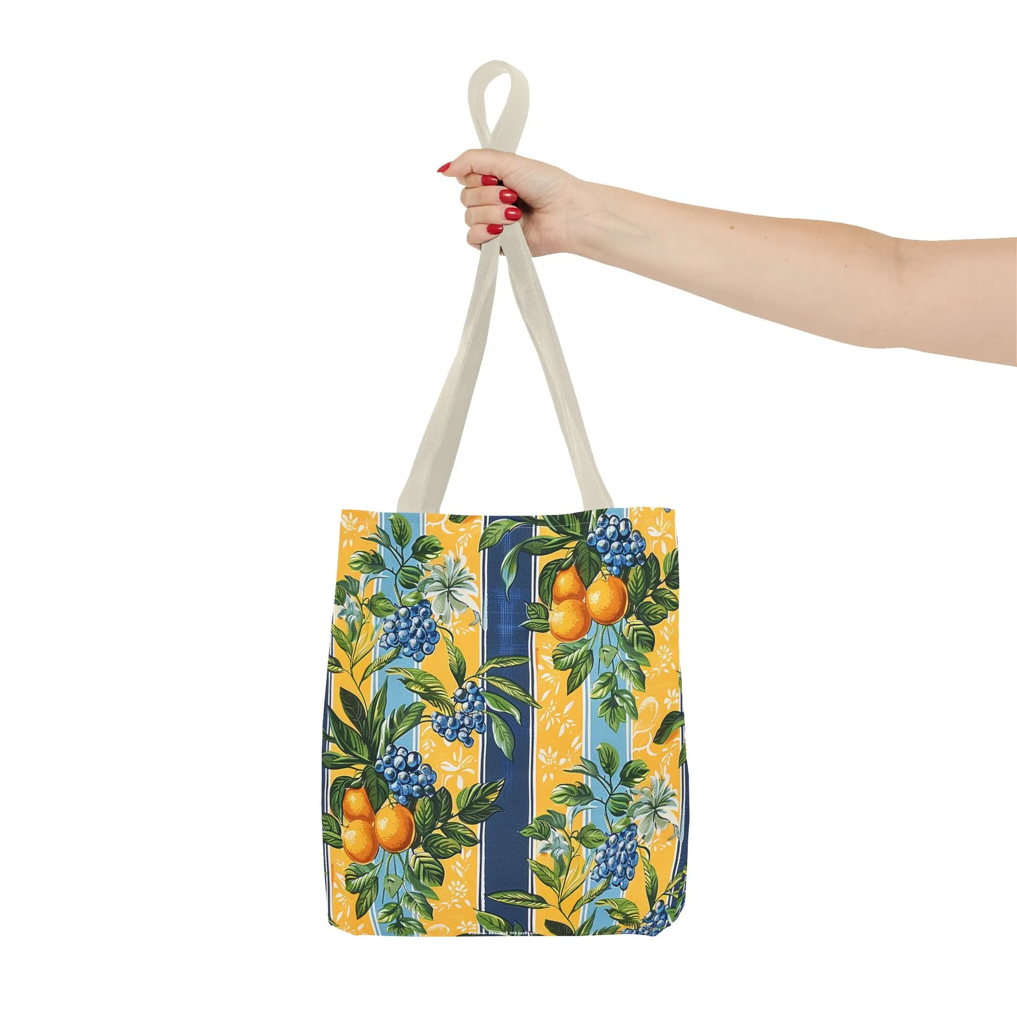 Sunny Orchard Stripes Tote Bag - Brighten Your Day with a Burst of Fruity Charm! Available in 3 sizes.