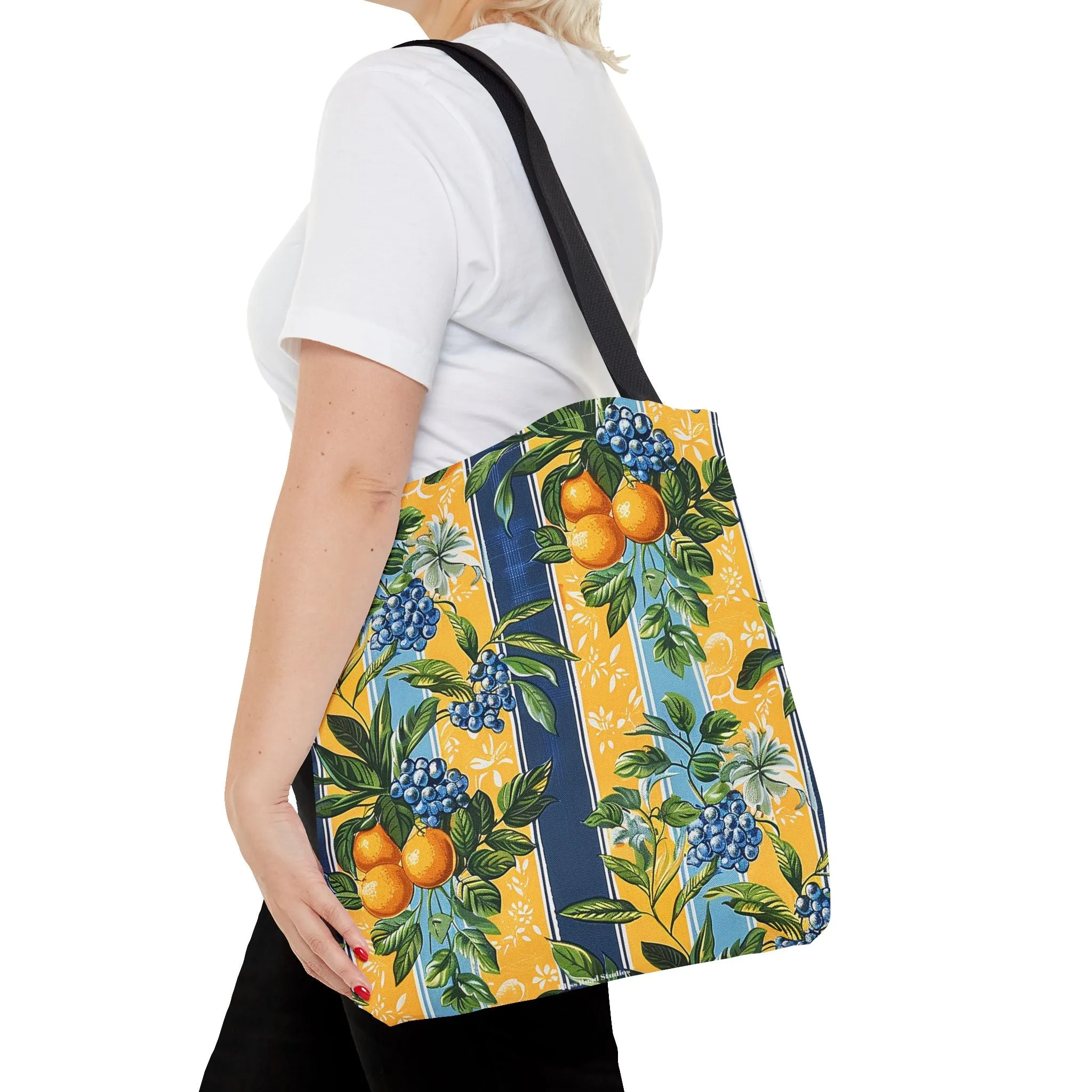 Sunny Orchard Stripes Tote Bag - Brighten Your Day with a Burst of Fruity Charm! Available in 3 sizes.