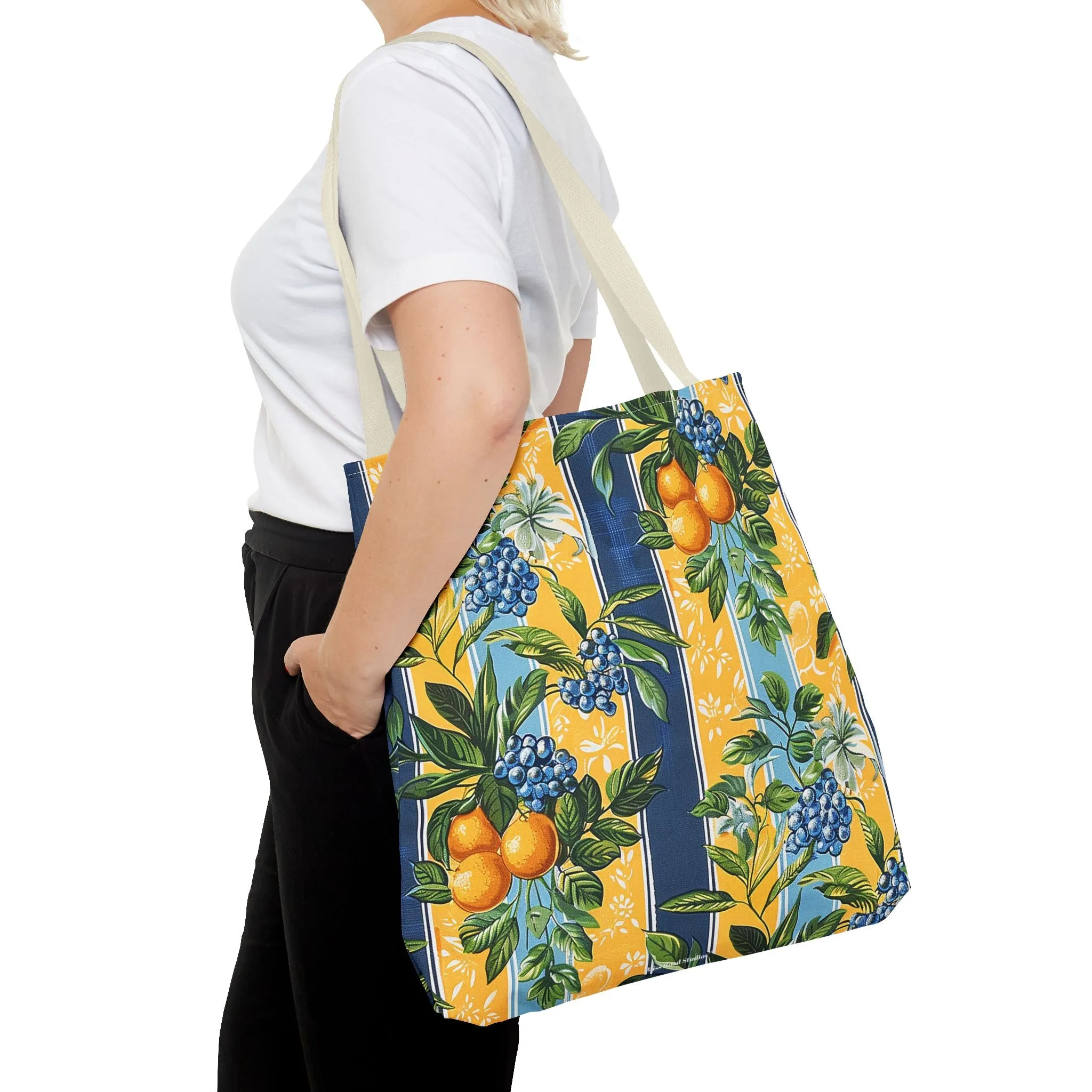 Sunny Orchard Stripes Tote Bag - Brighten Your Day with a Burst of Fruity Charm! Available in 3 sizes.