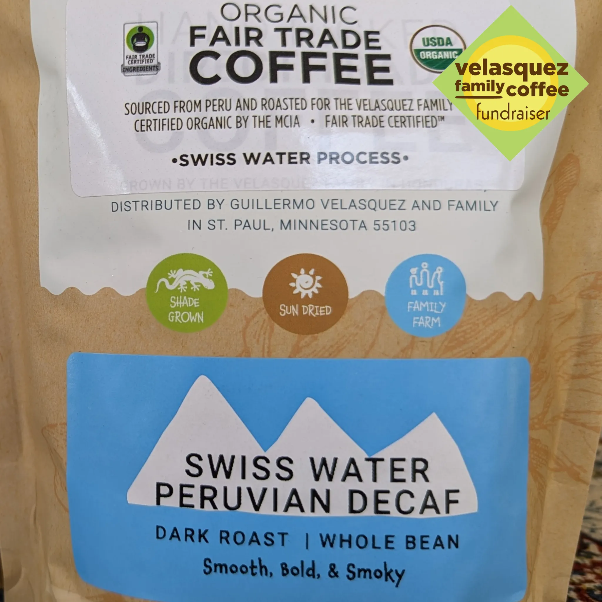 Swiss Water Peruvian Decaffeinated Coffee (dark roast) - Fundraiser | Lithe, Bright, Dark Decaf