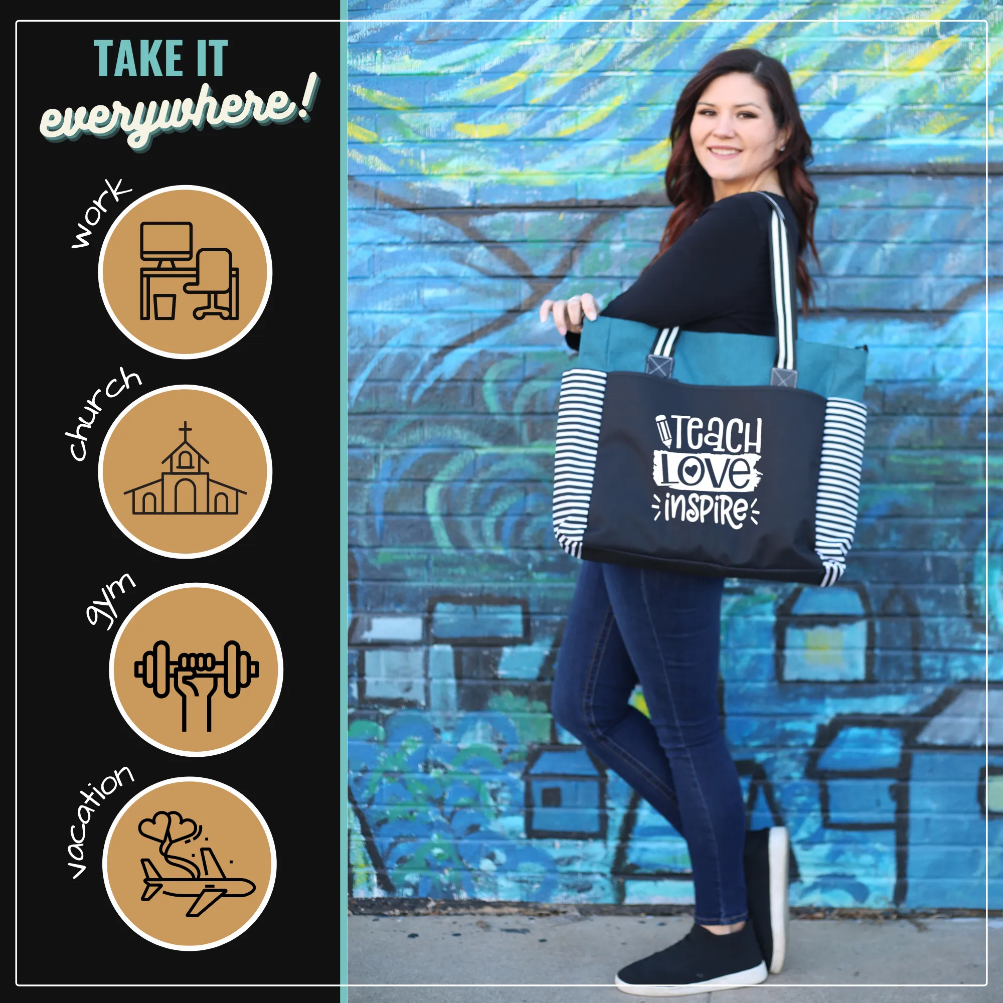 Teach Love  Inspire LouLou Teal Tote Bag for Teachers
