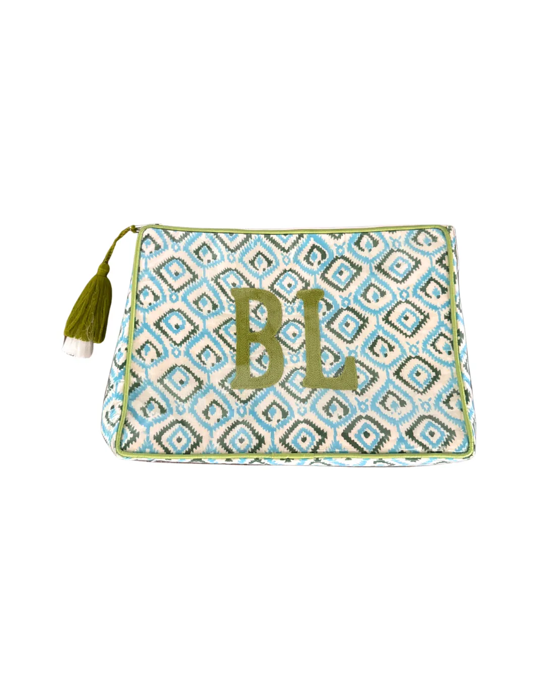 The OG India Bag - Blue & Green Blockprint - Monogrammed
