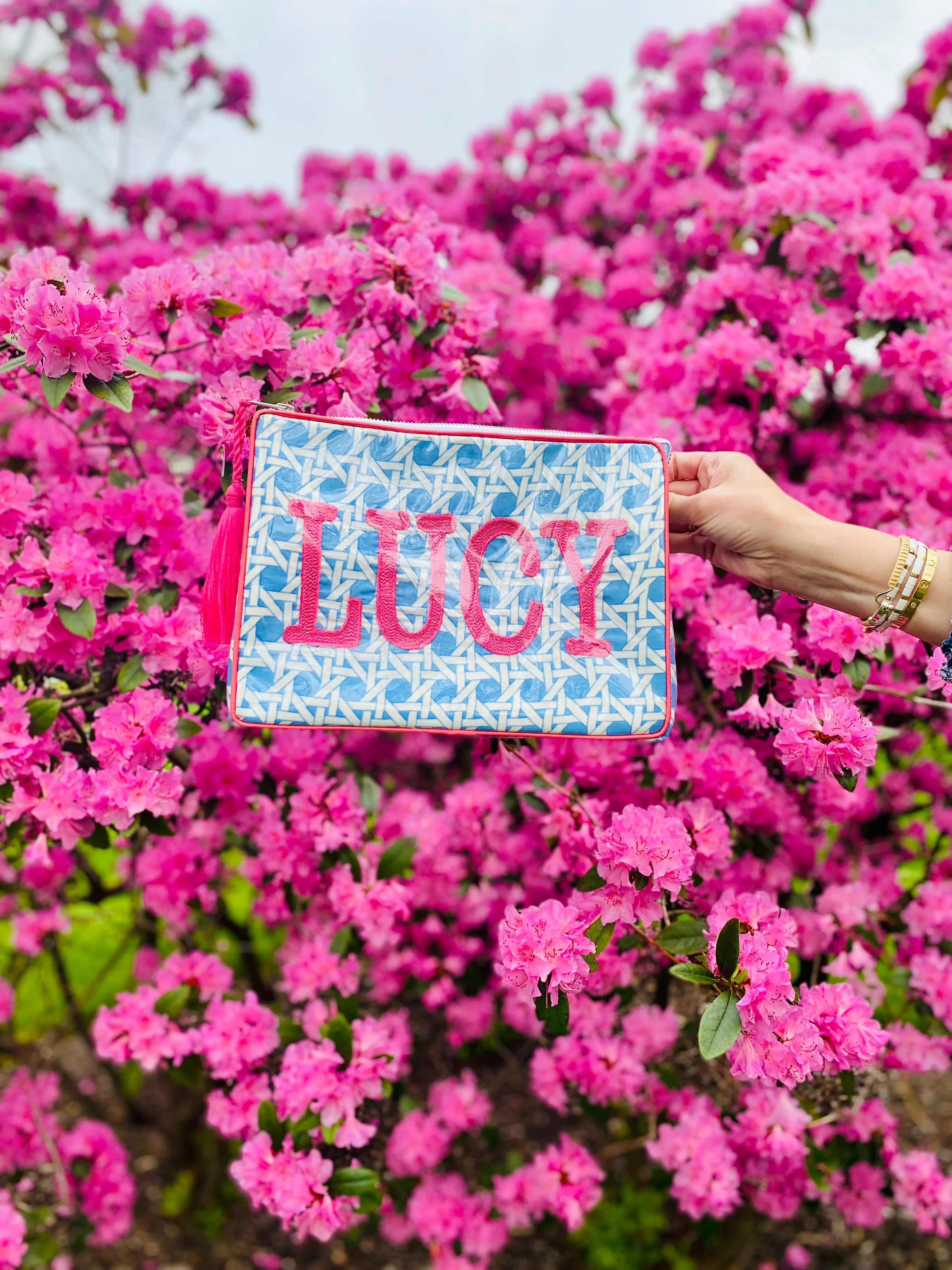The OG India Bag -Blue/Pink Caning - Monogrammed