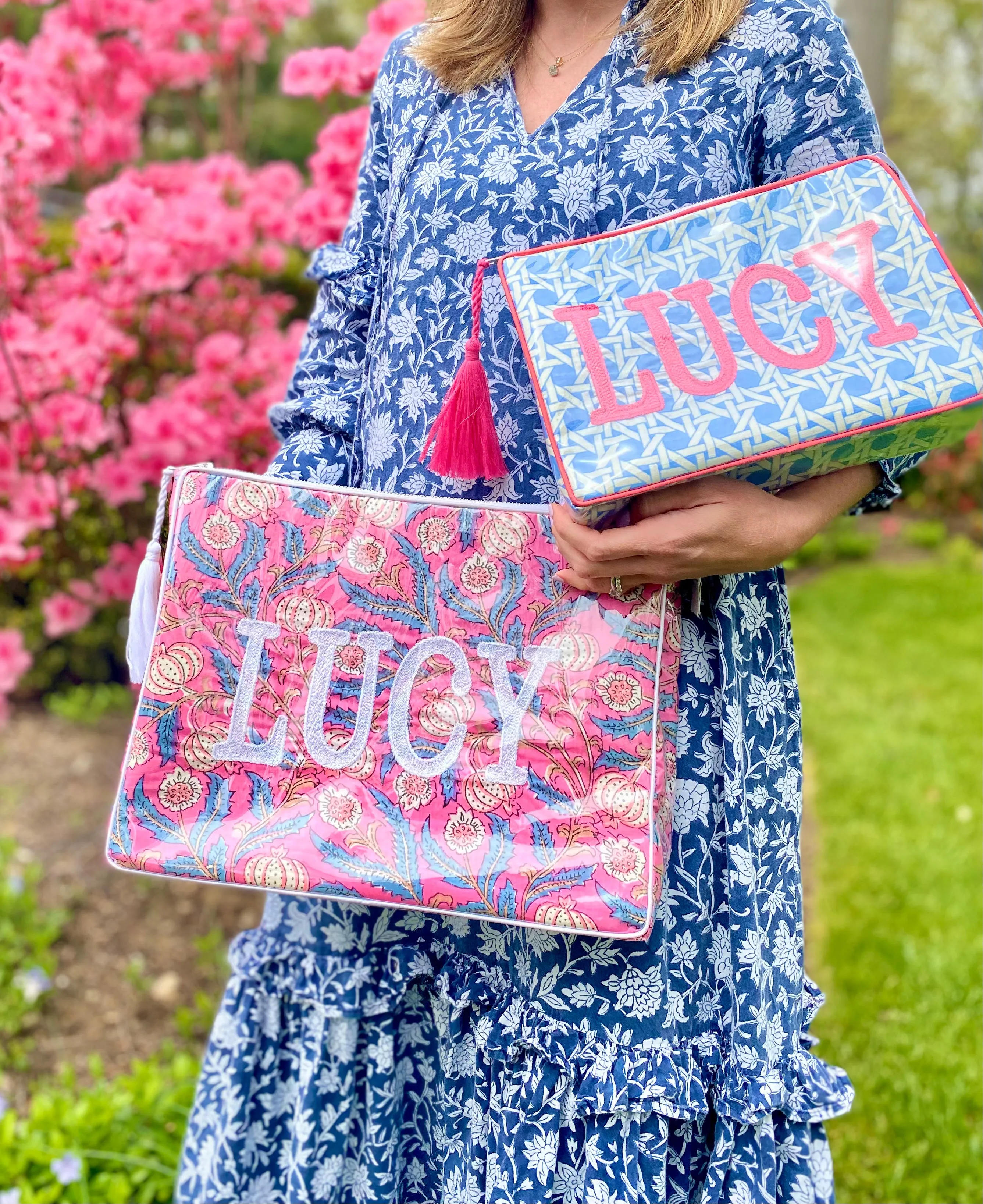 The OG India Bag -Blue/Pink Caning - Monogrammed