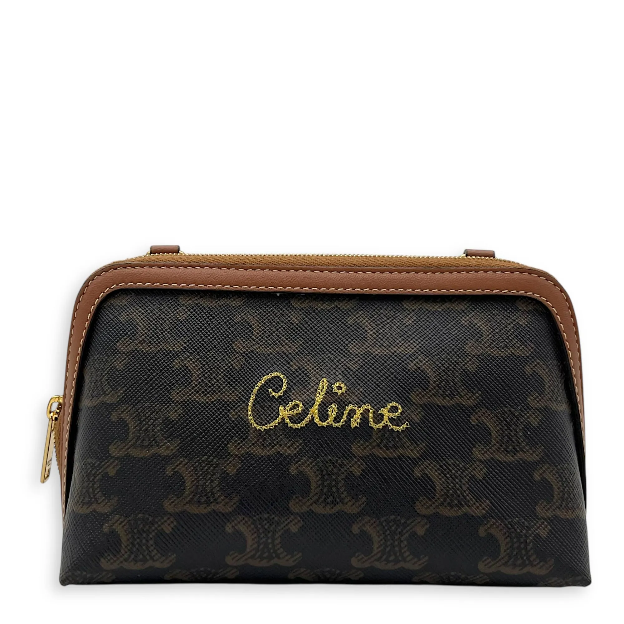 Triomphe Crossbody Bag Brown in Coated Canvas, Gold hardware