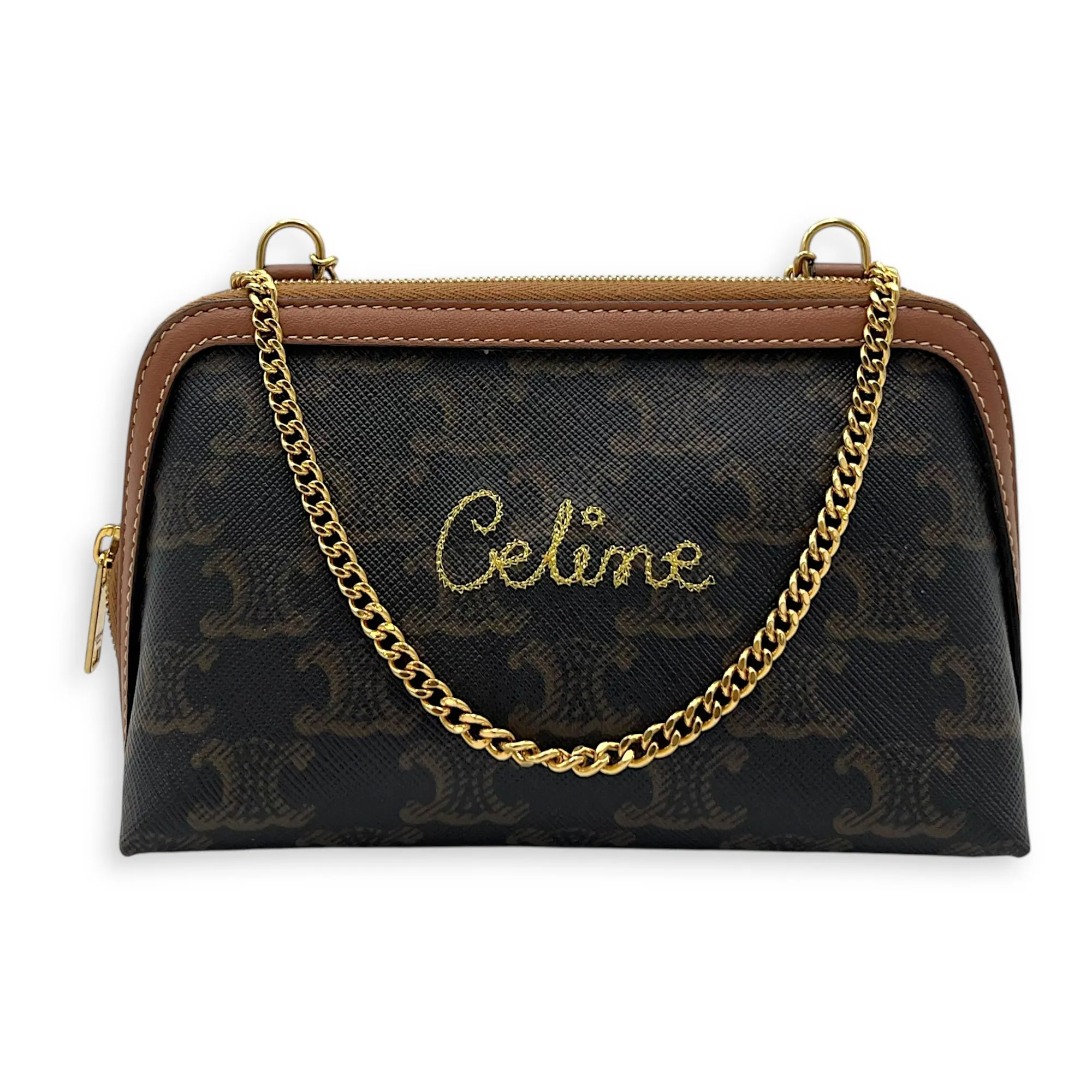Triomphe Crossbody Bag Brown in Coated Canvas, Gold hardware