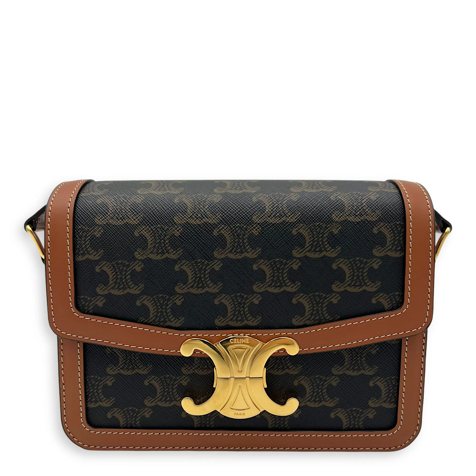 Triomphe Teen Brown Crossbody Bag in Coated Canvas, Gold hardware