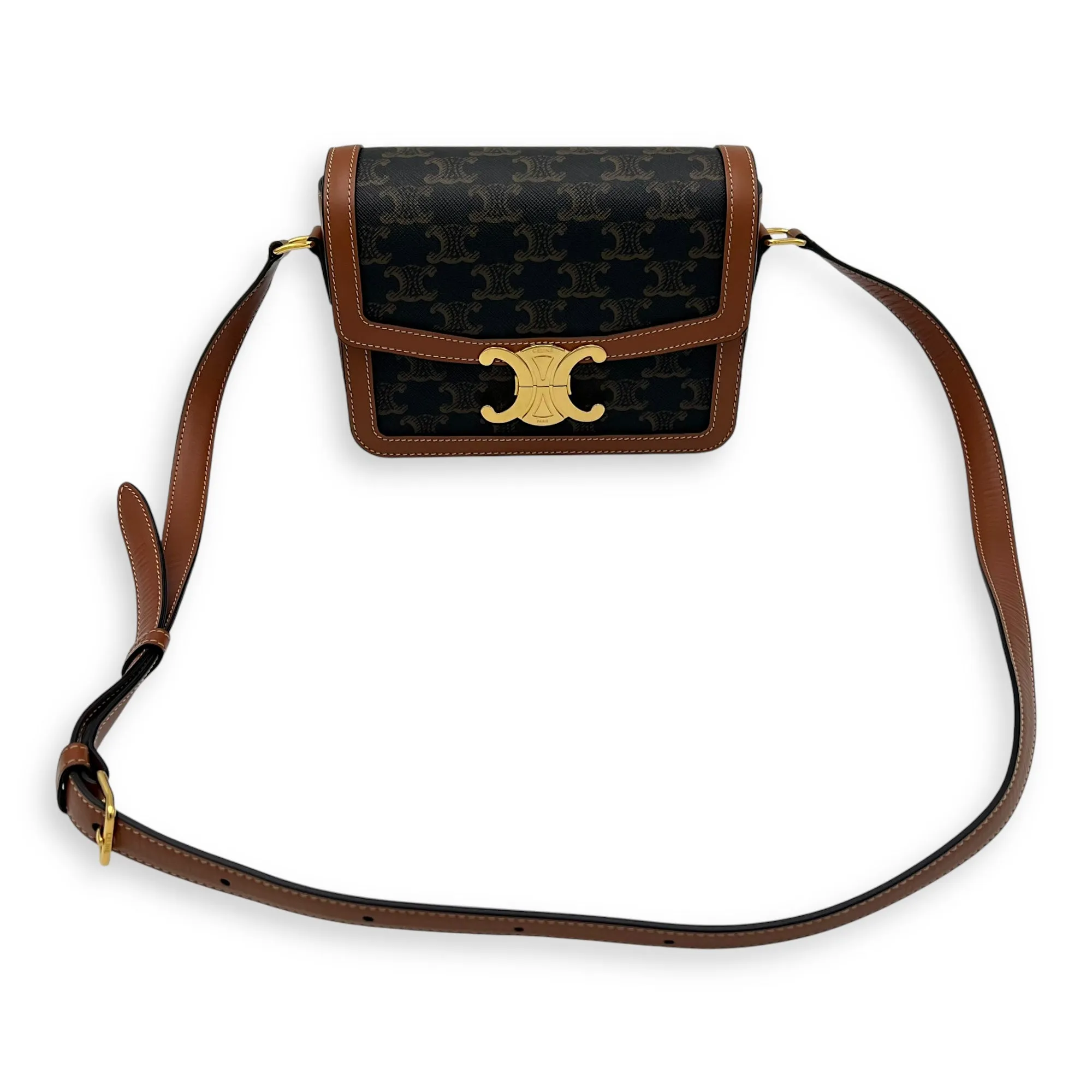 Triomphe Teen Brown Crossbody Bag in Coated Canvas, Gold hardware