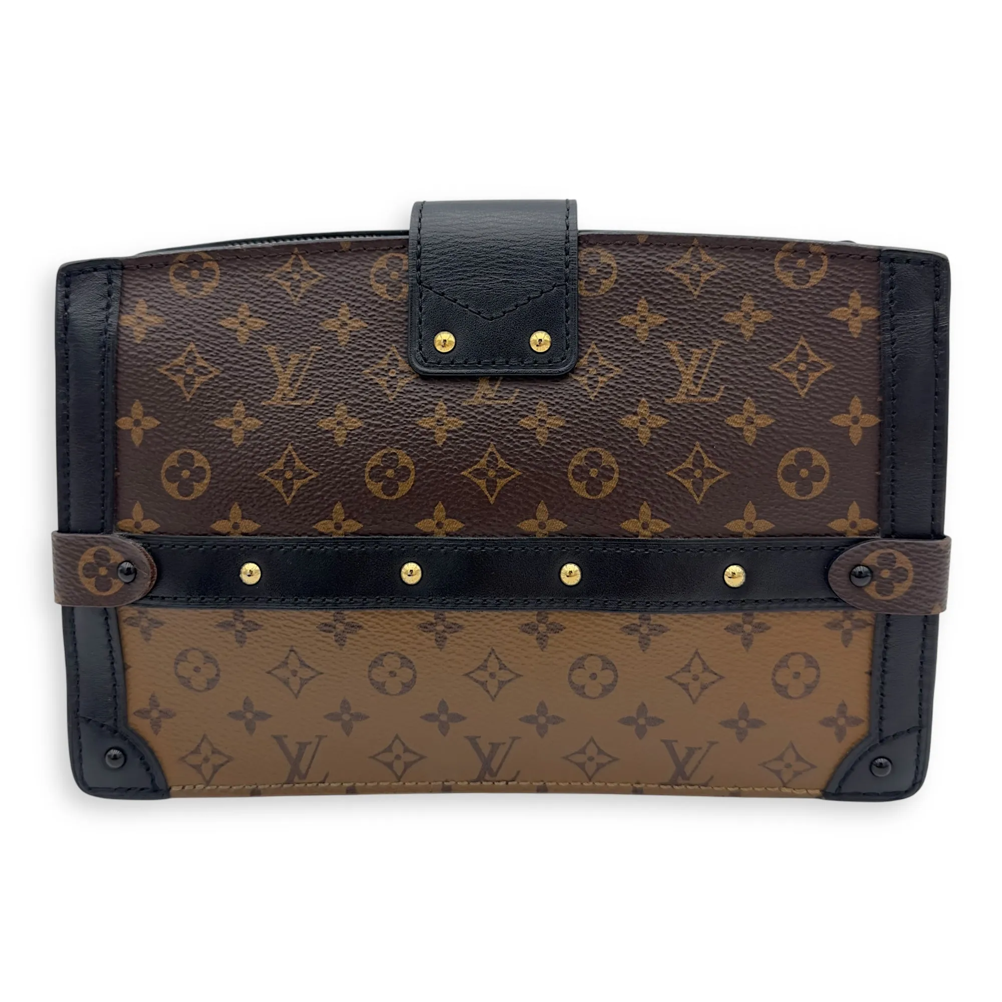 Trunk Clutch 2 Way Brown Crossbody Bag in Coated Canvas, Gold hardware