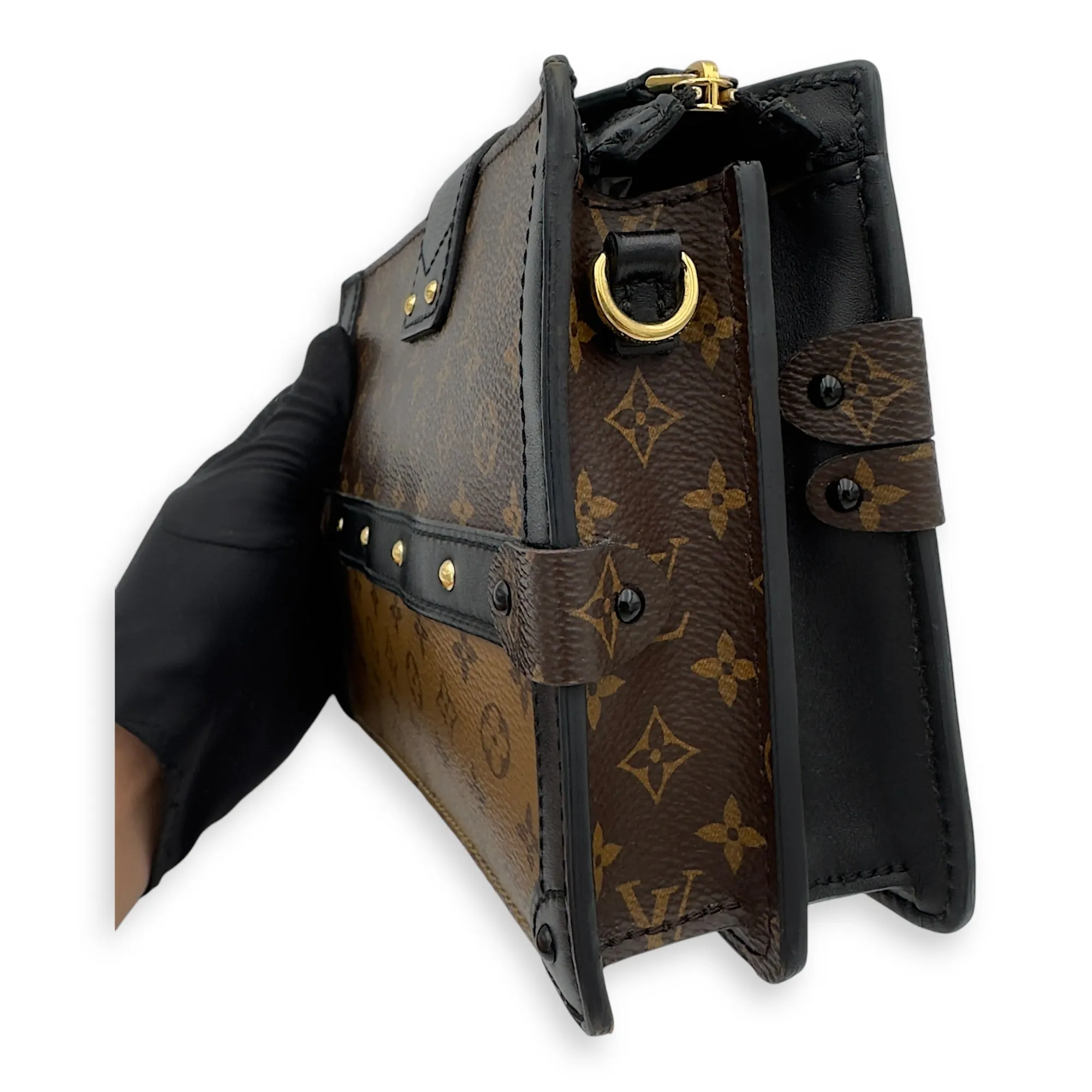 Trunk Clutch 2 Way Brown Crossbody Bag in Coated Canvas, Gold hardware