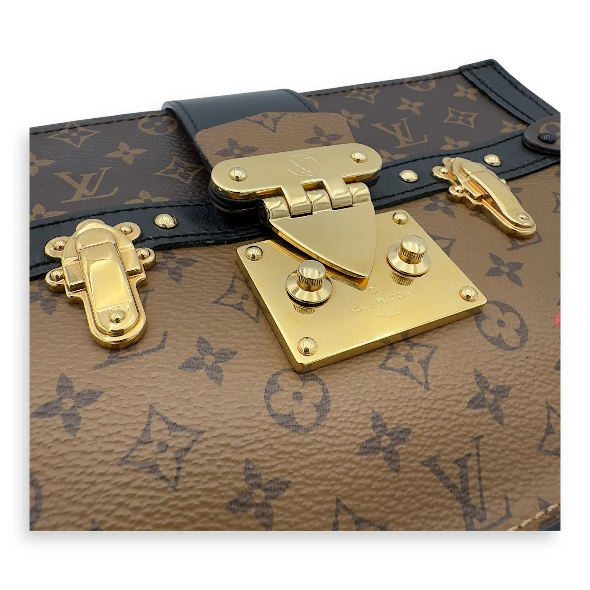 Trunk Clutch 2 Way Brown Crossbody Bag in Coated Canvas, Gold hardware