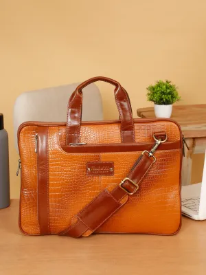 Unisex Tan Croco Leather Laptop Bag