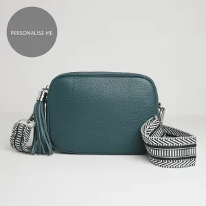 Verona Crossbody Tassel Teal Bag with Black and White Chevron Strap