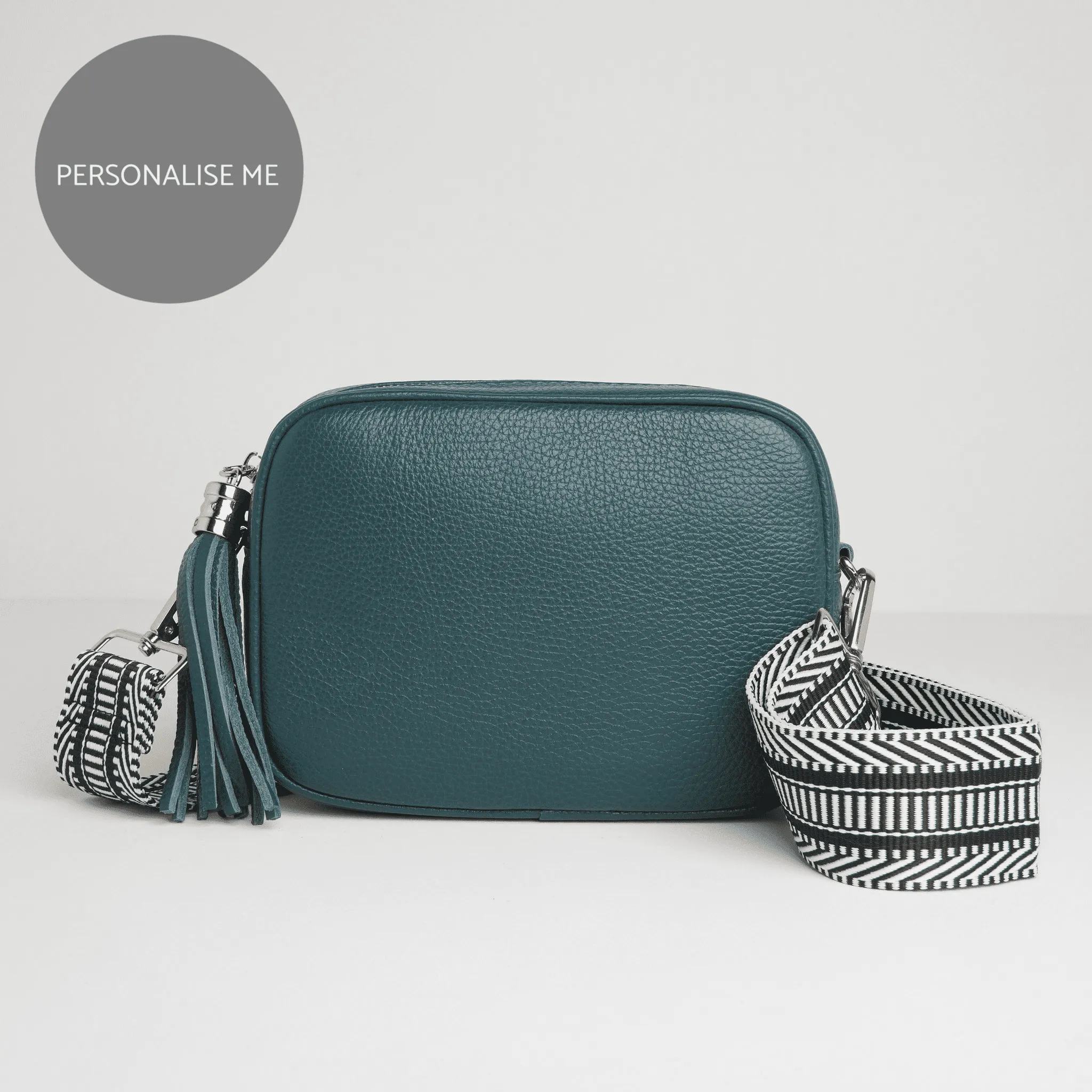 Verona Crossbody Tassel Teal Bag with Black and White Chevron Strap