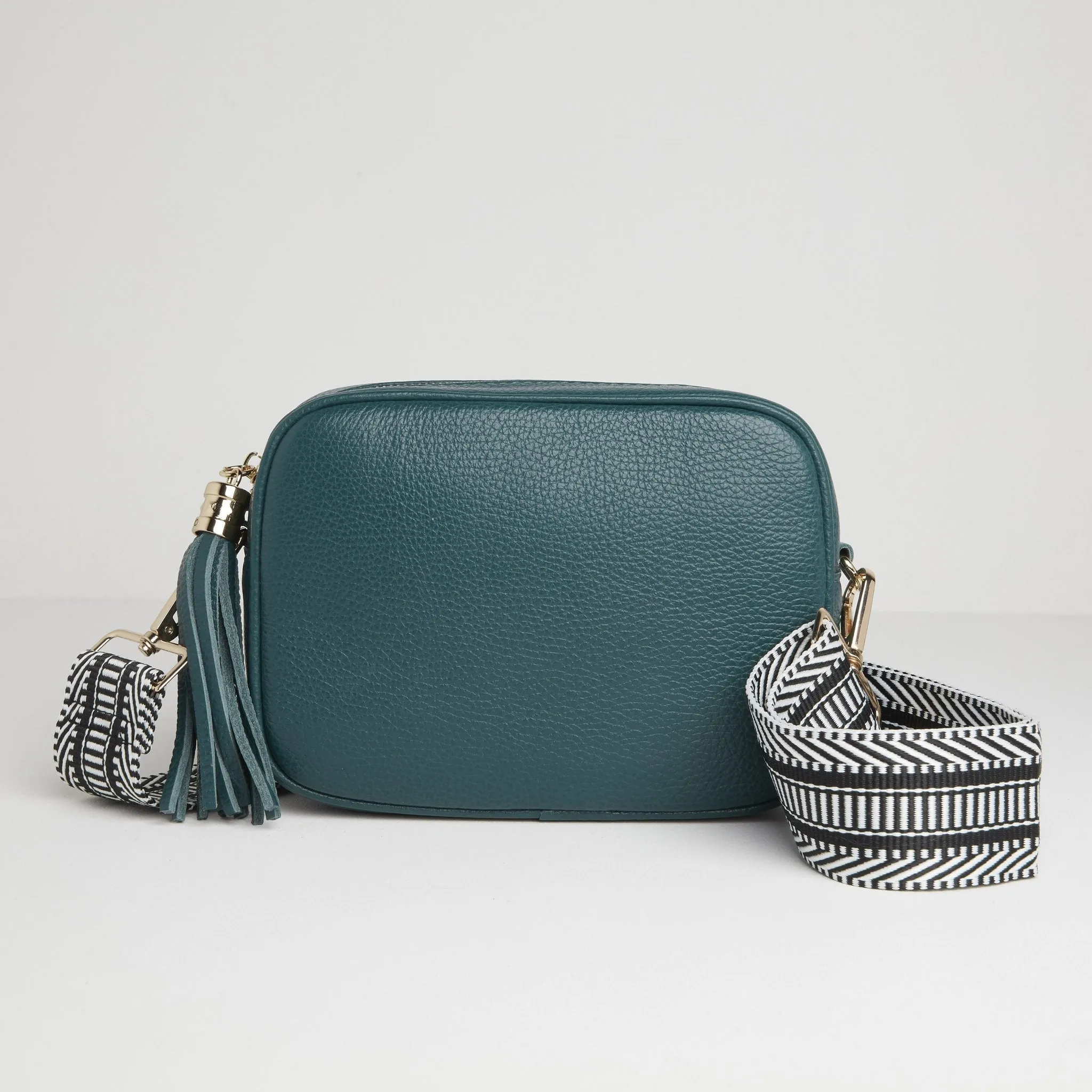 Verona Crossbody Tassel Teal Bag with Black and White Chevron Strap